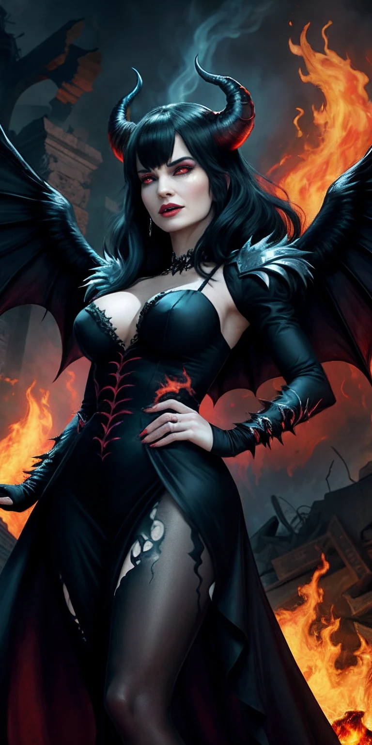 Ultra-detailed Lisa Ann stands atop a pile of burning ruins, Her diabolical and insidious presence radiating from her dark crown and black and red evil queen dress..... Her demon wings on her back and demon horn give her an invincible aura as she unleashes a powerful wave of destruction with a single gesture........