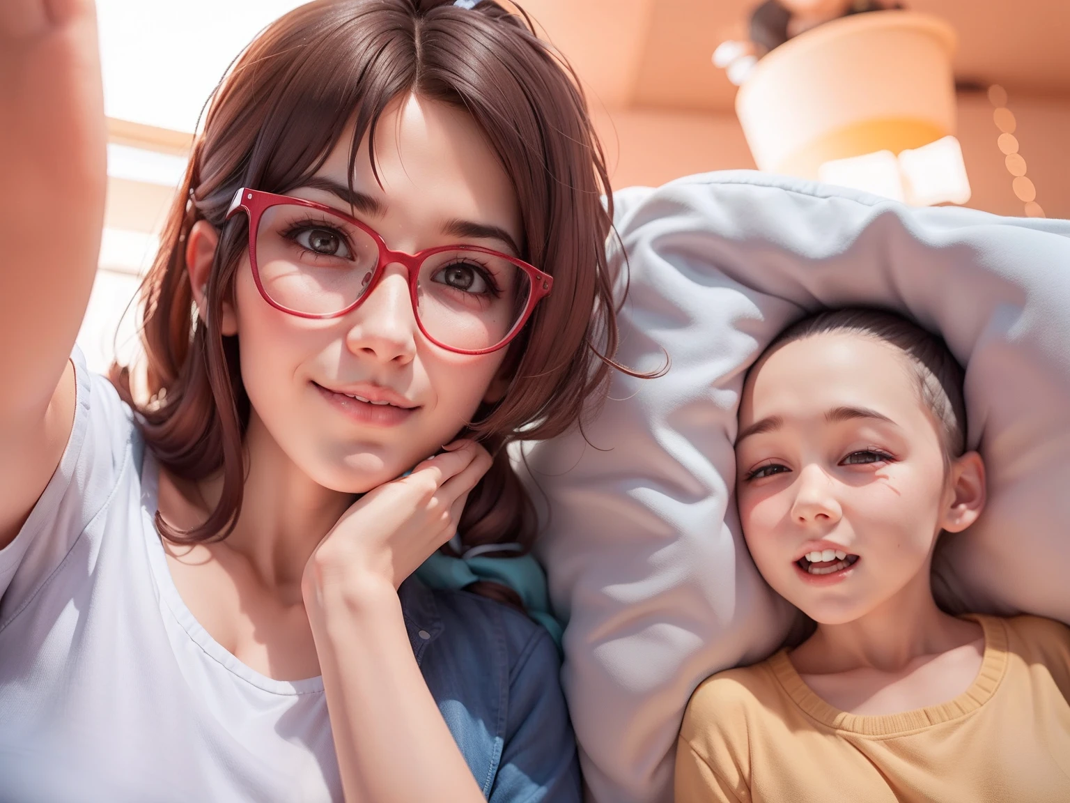 there is a woman and a boy that are posing for a picture, With a , 8k selfie photograph, 30 year-old woman, 3 0 years old woman, With glasses, wearing thin large round glasses,