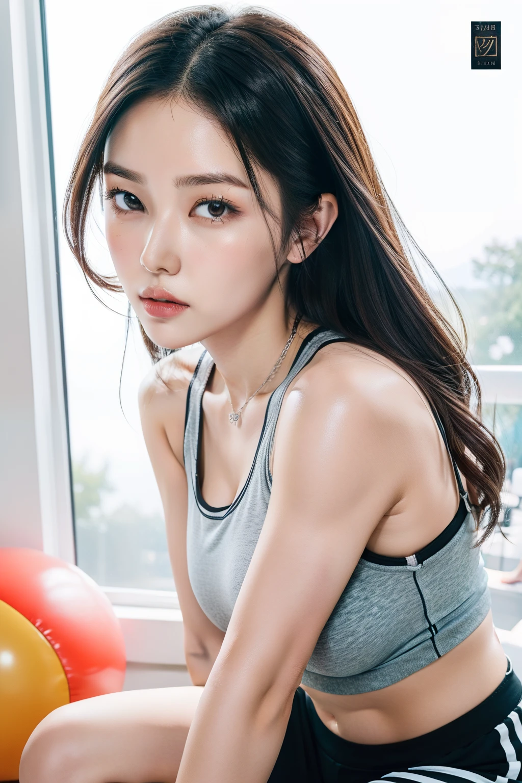 ((8k,A high resolution,Very detailed faces,Intricate details throughout the body,动态照明,photography of,poster for))
Goddess of fitness in the gym,Her tall and well-proportioned body is full of strength and vitality。Her long brown hair was tucked up by a thin headband,The refreshing forehead is exposed,Highlights her healthy skin。Her eyebrows were picturesque,The slender and charming eyes reveal confidence and determination。
She wears elaborate makeup,But not bright。Foundation utilises maximum preservation of the skin's natural texture,Eyebrows are finely trimmed,Highlight her eyes。The eyeshadow is a natural brown color,It highlights the brightness and spirituality of her eyes。Her eyelashes are thick and upturned,Accompanied by slightly upturned black eyeliner,It adds a deep charm to her eyes。
She wears a well-fitting and simple set of fitness equipment,Shows her strong physique。A fitted black sports vest perfectly frames her curves,Highlights her toned figure。She paired it with a pair of tight black sweatpants,Showing the long, straight legs。White sneakers are the choice at her feet,Give her comfortable support,Perfect for all kinds of sports。
She wears a simple and sophisticated sports watch on her wrist,The data for every exercise was calculated for her。She also wears a thin silver necklace,Understated and elegantly adorned her neck。She wears a pair of black sports headphones,Enjoy inspiring music,Give her more motivation。
Overall,She presents an image of health and vitality,Her appearance, makeup and clothing details all reflect her dedication and pursuit of fitness and self-image。Whether it's the sweat in exercise or the twinkling determination in her eyes,All made her a true goddess in the gym。