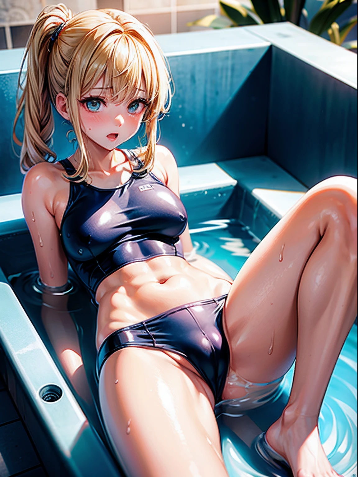 8k,uhd,hight resolution, top-quality, masterpiece, ultra-quality, The ultra-detailliert, Wearing sweat、full of sweat、Full body lotion、The whole body is full of sperm、Ejaculation all over the body、embarrassed from、School swim wear、bath room、Girl with blonde hair lying down、breasts of medium size、Wet all the bodies((Drenched body))、