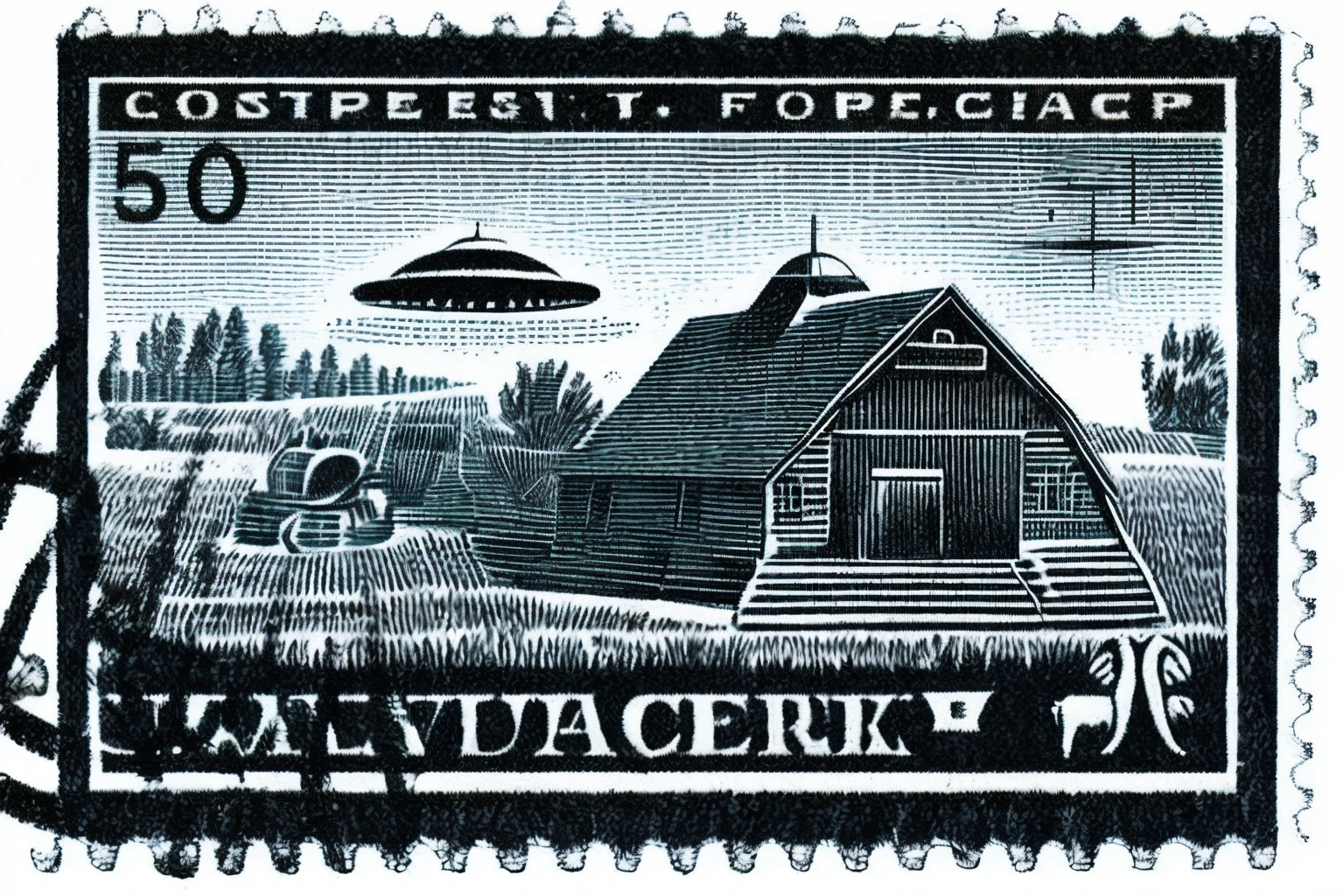 best quality,stamp,design_on_black_background,UFO Invasion Farm