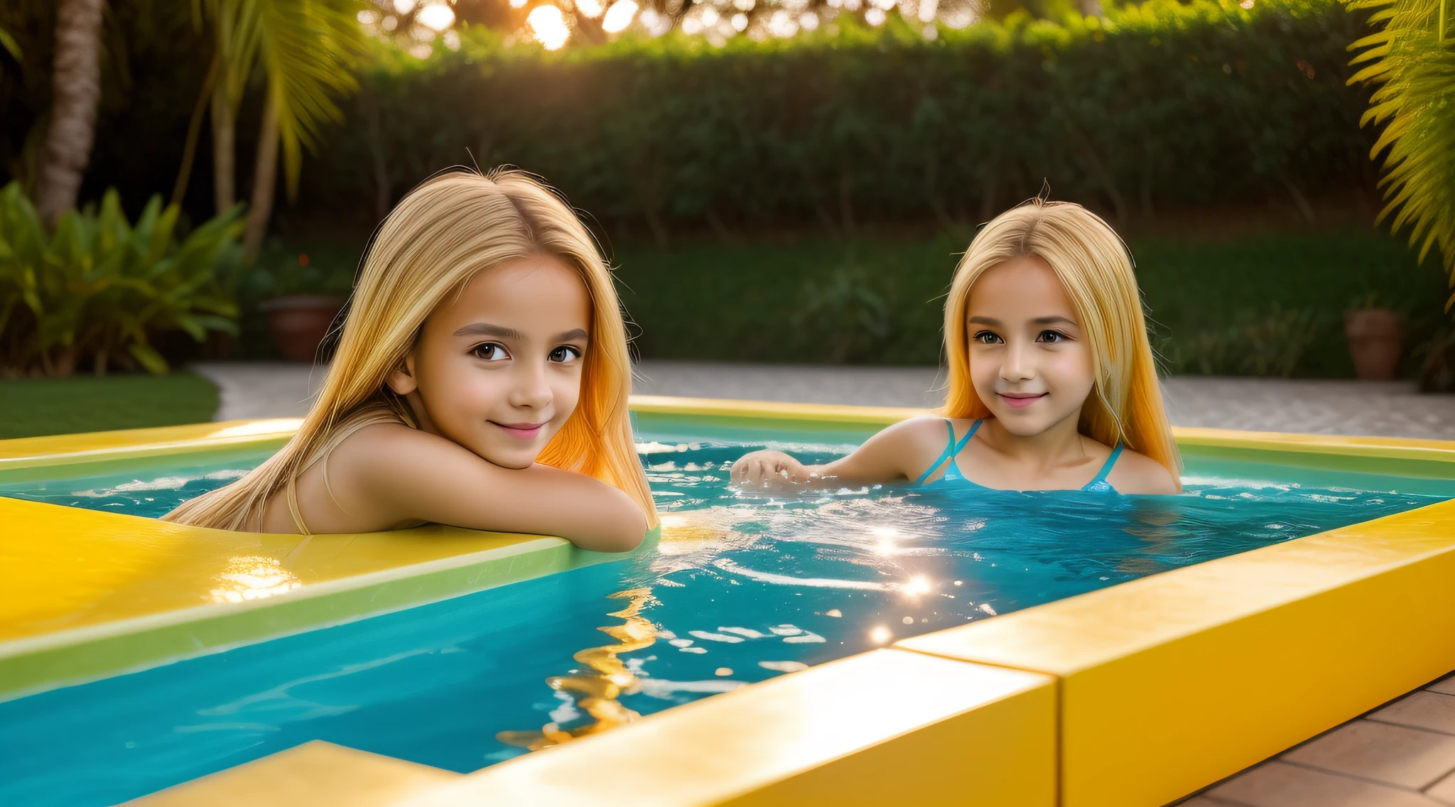 children girls, BLONDE LONG HAIR com um capuz vermelho, There is a yellow roof with a swimming pool and a sunset, ouro cintilante, brilho dourado, Hora de Ouro Brilhante, gold refractions off water, ouro brilhante, luz dourada, brilho dourado, brilhante, liquid gold, golden hour lighting, Brilhando, dourado brilhante, brilho dourado, Hora de Ouro, morning golden hour, formas douradas