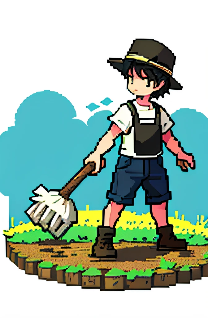 pix, Pixel art, 1boys, Black hair, Farmer hat, farmer, Take a shovel