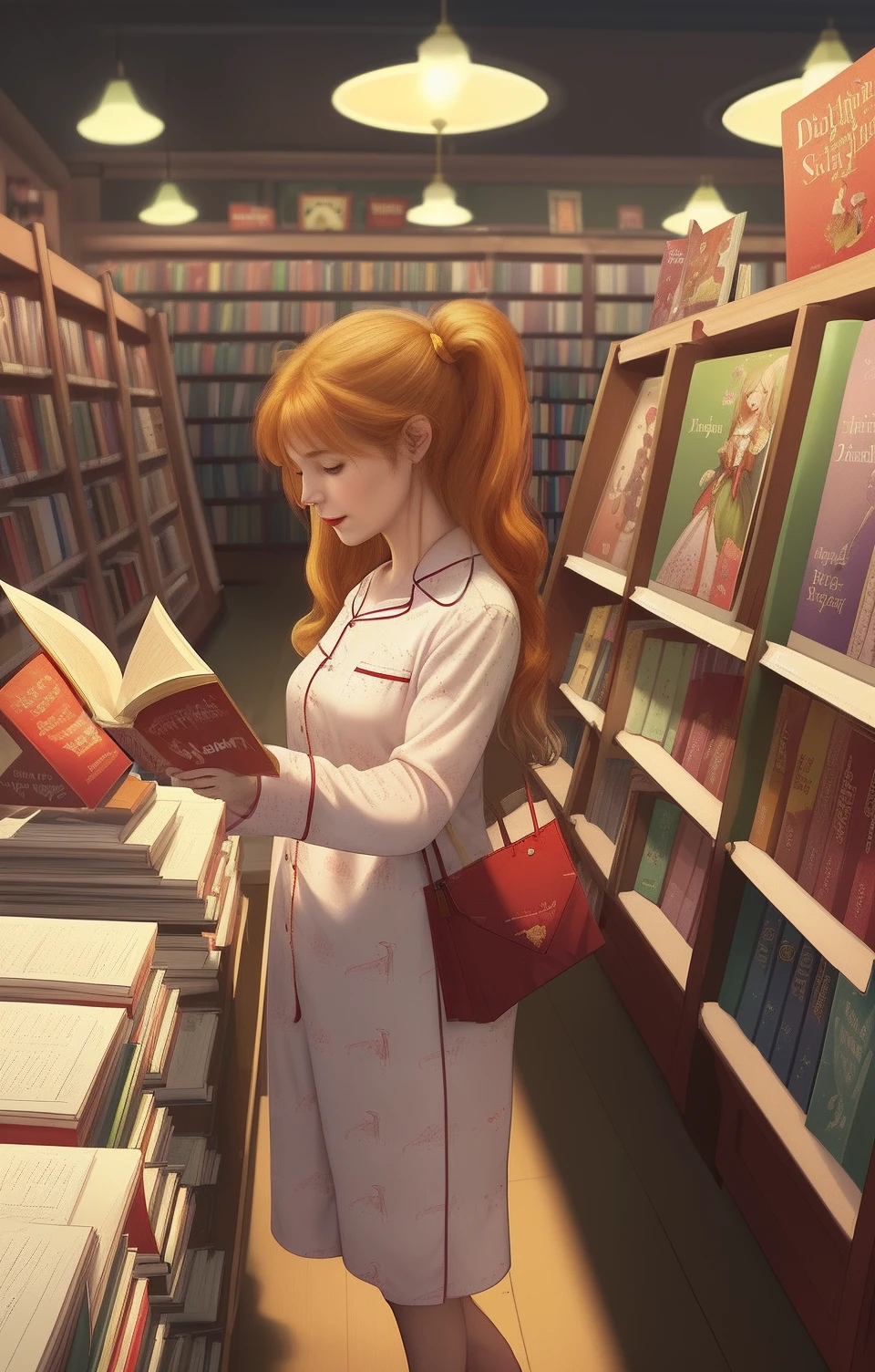 line drawing, fairy tales, Pajamas, books,Bookstore,ketchup,mustard,shops, Ordinary woman in her 20s, Fantasy,staff,guest,dream,department store,showcase,people,Employees,Sluggishness,night scene