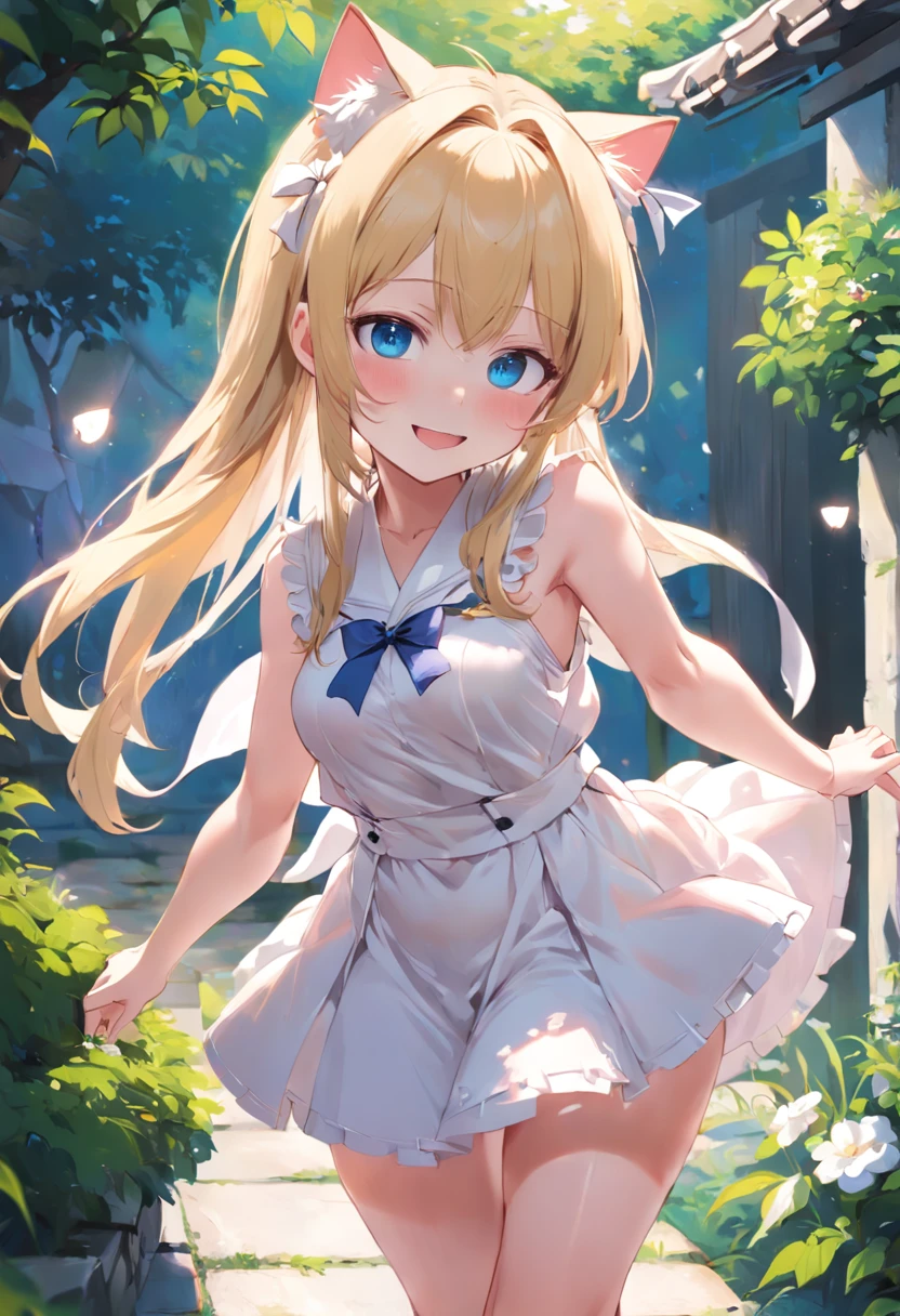 Cat-eared girl in white dress standing in garden, BREAK，Blonde long hair，blue eyes，(((Sleeveless))), smiling mischievously, cleavage of the breast，((Pull up your skirt to show your panties))，loli in dress, small curvy loli, (Chibi:1.3), artwork in the style of guweiz, guweiz on pixiv artstation, guweiz on artstation pixiv, guweiz, small li girl, soft anime illustration, Anime visuals of cute girls, Detailed Digital Anime Art