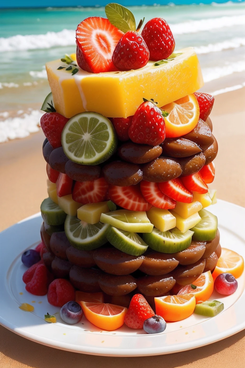 There's a big pile of fruit on a plate on the beach, delicioso, Mar de Parfait,  food art, premiados, Mouthwatering, fotografia profissional de frutas, sobremesa, !!Premiado!!, delicioso, Sweet piece of art, feito de doces, frutas frescas, Premiados, Lanches, mmmmm, amazing food photography