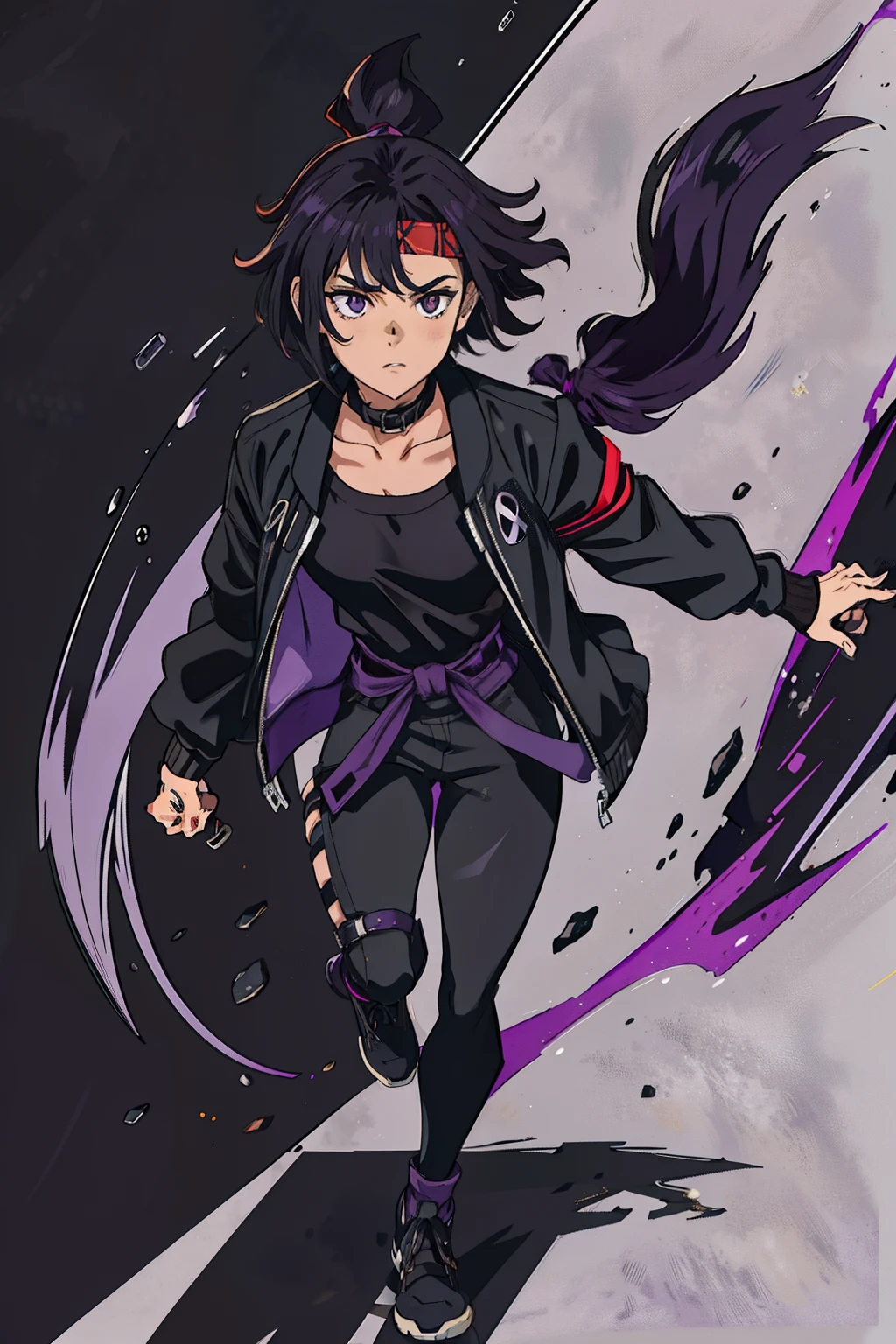 1girl, solo, Kōhei Horikoshi STYLE, short hair, purple eyes, black hair, purple shadow hair, tied-up hair, wearing black shirt with collar, big black and purple jacket, bandana, full body
