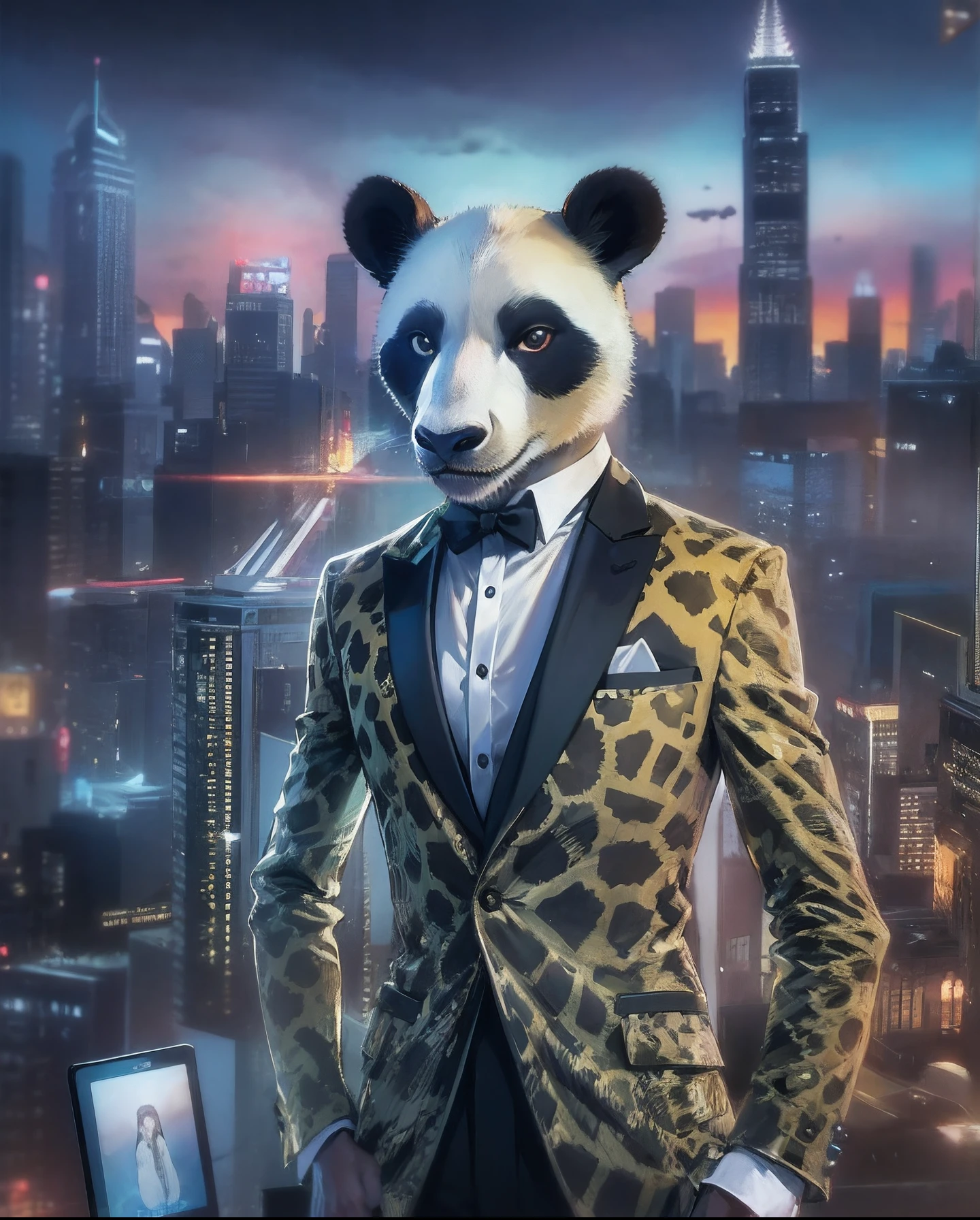 Create a magazine cover with anthropomorphic animals in stylish human attire, a suave panda in a tailored tuxedo, a chic giraffe in a high-fashion gown, set against a glamorous cityscape at night, an atmosphere of urban sophistication, Digital art, Adobe Photoshop with a Wacom tablet,