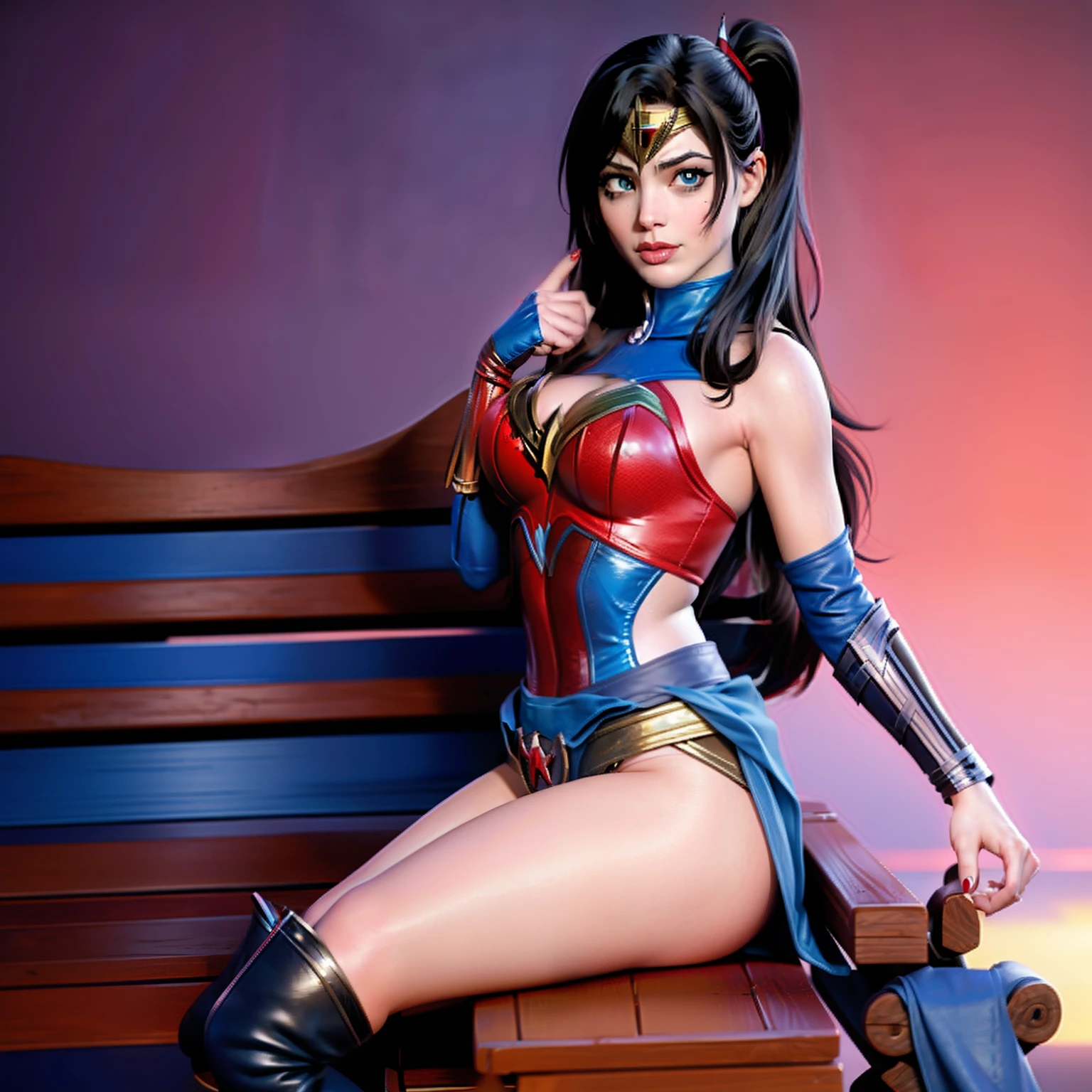 Harley Quinn merged with wonder woman, sexy, sitting on bench, metropolitan background, sexy, alluring, sensual, sexy suit