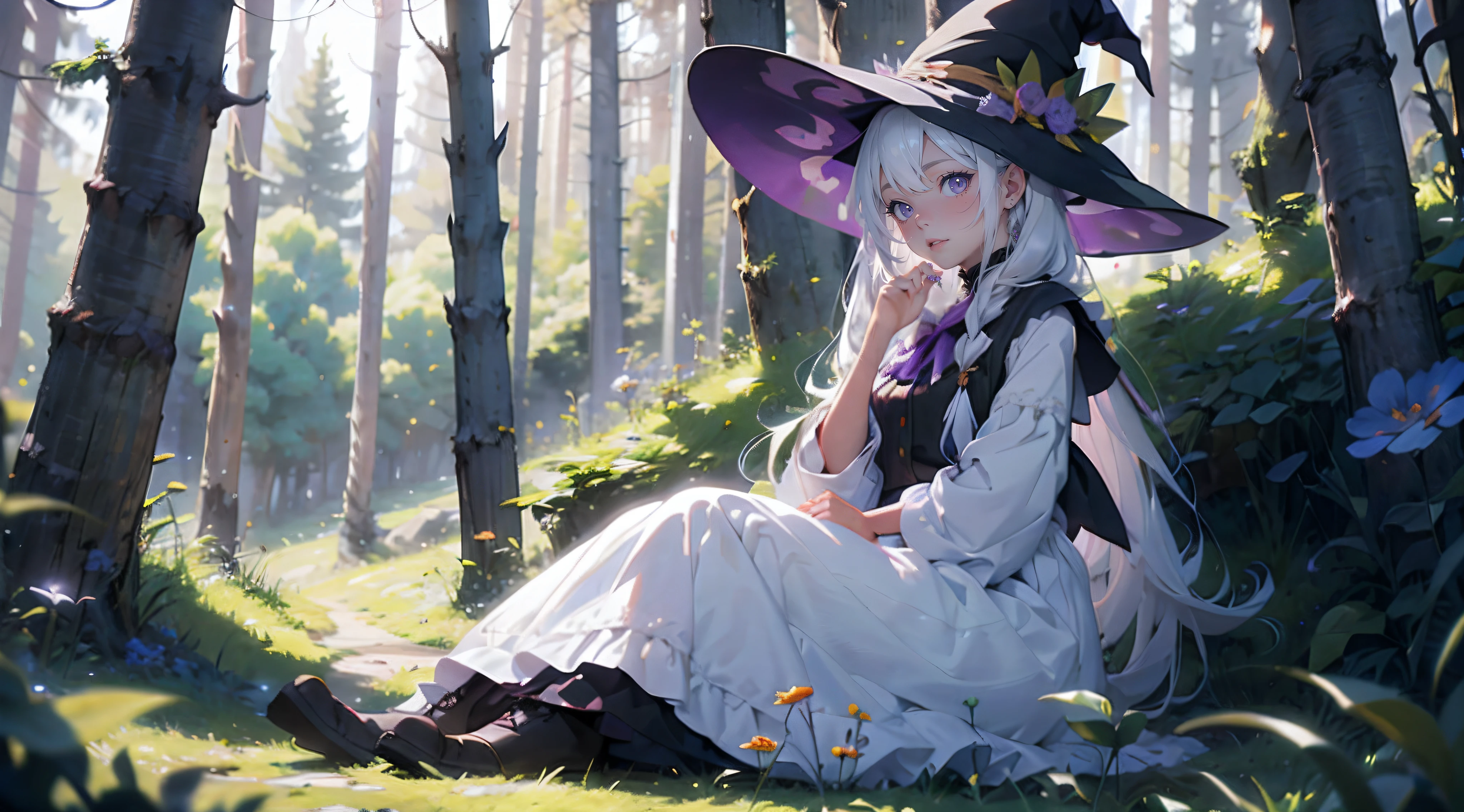 The beautiful witch dressed in a dress stands on a stone platform in the middle, and the sunlight shines through the gaps between the trees, forming bright spots on the stream and leaves.