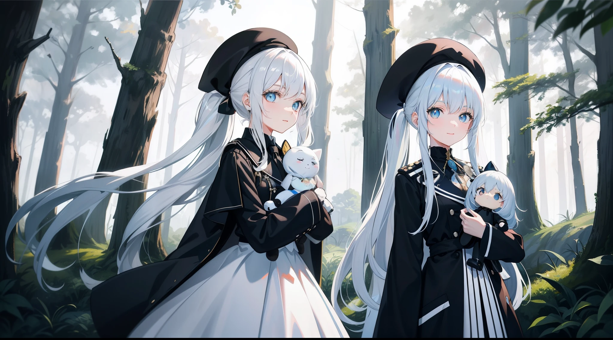 one-girl,long white hair,beret,ssmile,Blue and white pupils ,Holding a cartoon doll,looking at viewert,White shirt,black black jacket,black glove,on a rainy day,Low double ponytail,In the forest,Two-dimensional painting style,Anime comic style,