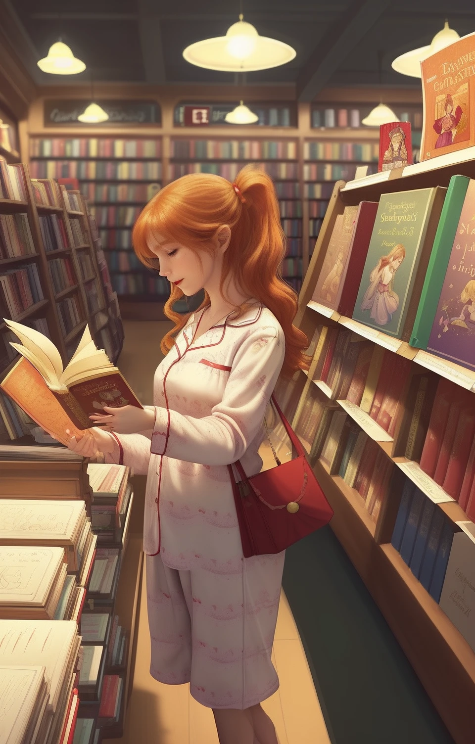 line drawing, fairy tales, Pajamas, books,Bookstore,ketchup,mustard,shops, Ordinary woman in her 20s, Fantasy,staff,guest,dream,department store,showcase,people,Employees,Sluggishness,night scene
