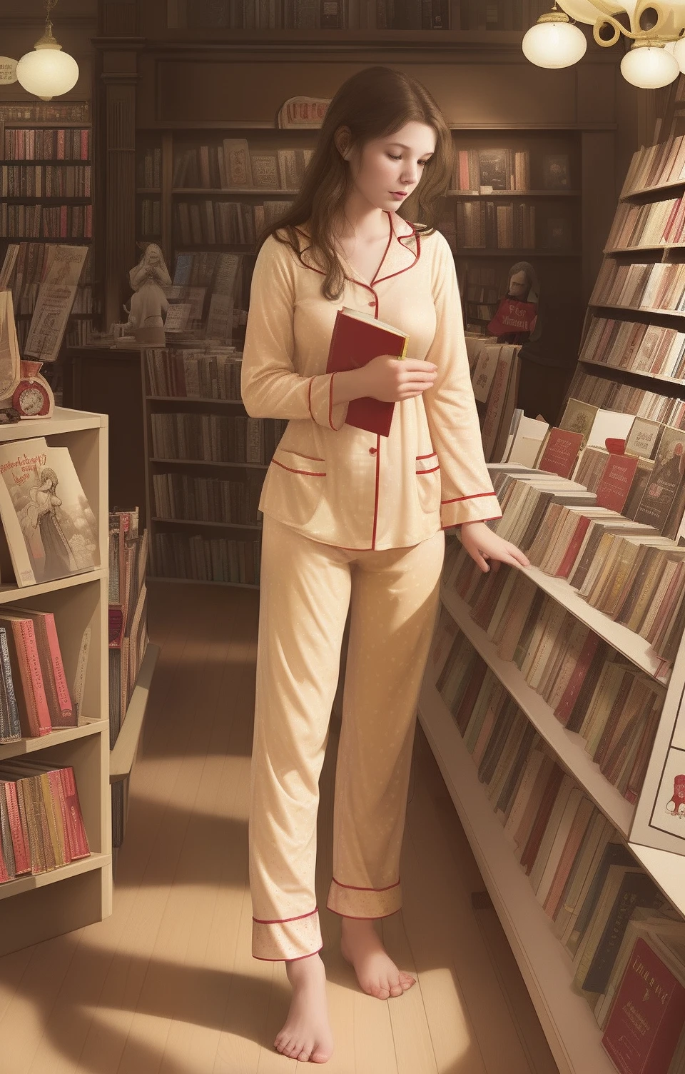 line drawing, fairy tales, Pajamas, books,Bookstore,ketchup,mustard,shops, Ordinary woman in her 20s, Fantasy,staff,guest,dream,department store,showcase,Sluggishness,Employees,night scene