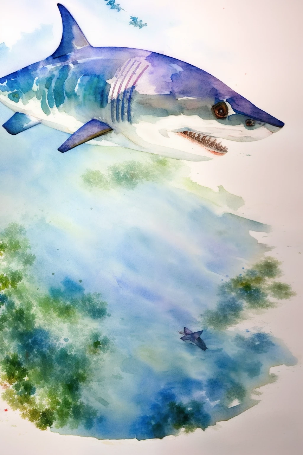painting of a shark, vibrant watercolor painting, watercolor detailed art, vibrant watercolor, detailed watercolour, shark, painted in bright water colors