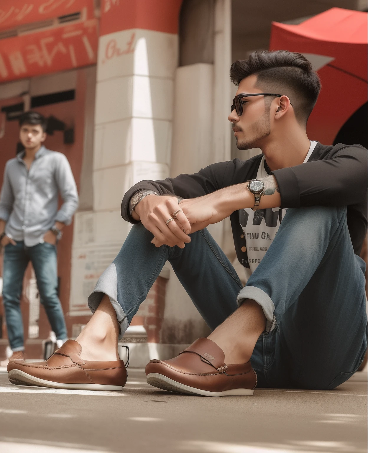 there is a man sitting on the ground with his feet crossed, casual photography, stylish pose, candid picture, full body photogenic shot, photography style, shot on nikon z9, very artistic pose, modeling shoot, handsome man, with a cool pose, candid photography, candid photo, very cool pose, cool pose, cool style, casual pose, candid