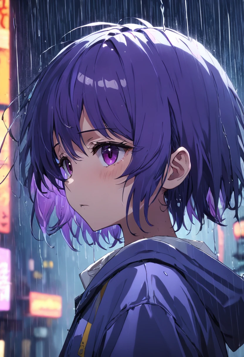 rainy days,Dim Room,Faint lighting,A boy was crying,bob hair cut,Purple colored hair