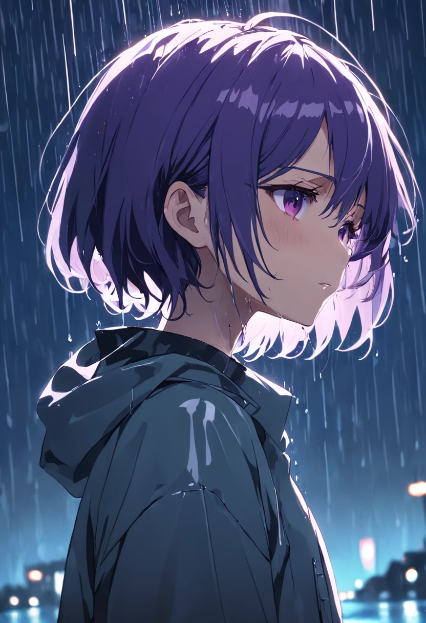 rainy days,Dim Room,Faint lighting,A boy was crying,bob hair cut,Purple colored hair