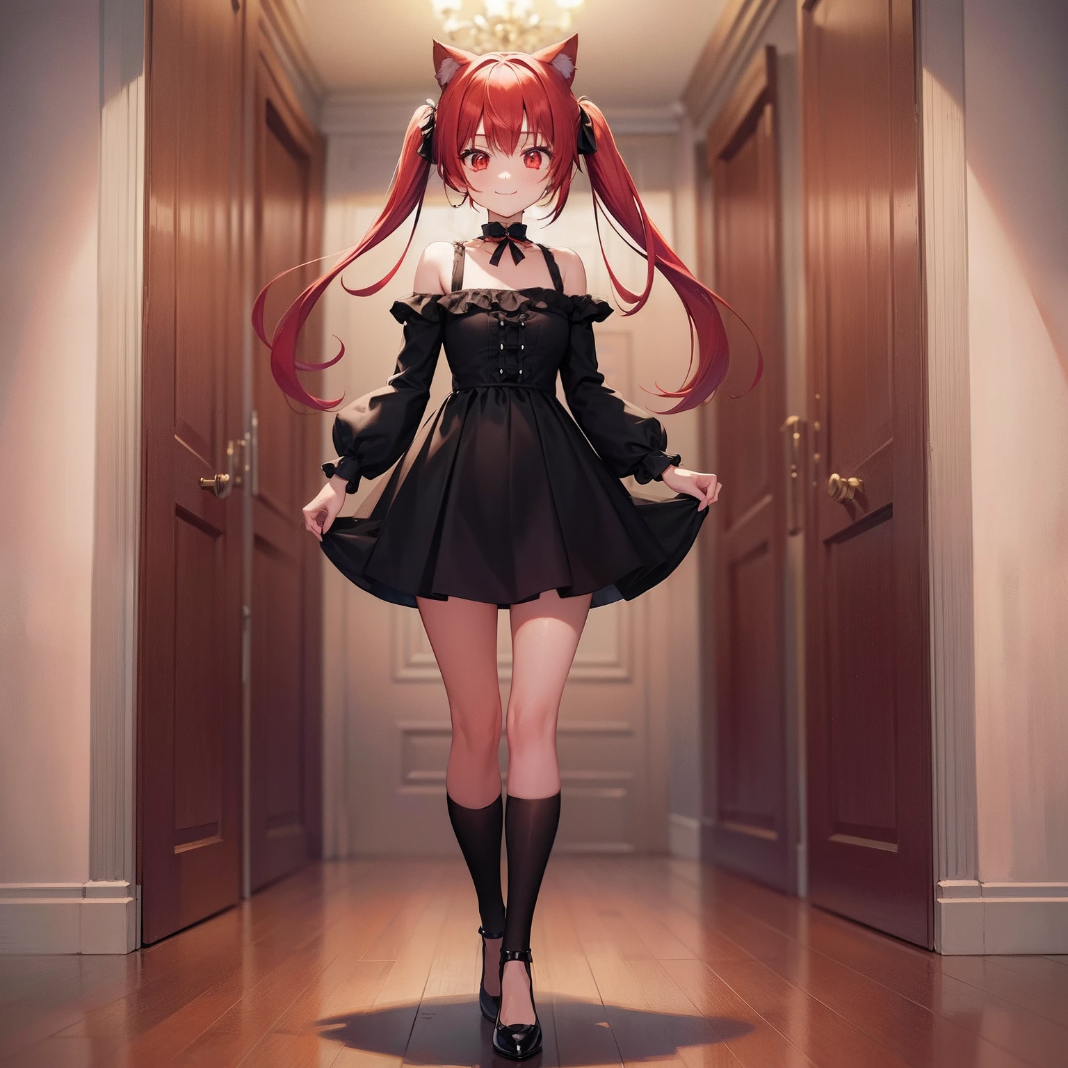 Anime filling,Two-dimensional illustration,Red hair,Half Twin Tail,shorth hair,Big eyes,A smile,a beauty girl,cute little,Super Cute,Black cat ears,Red Eyes,Ruffled Clothes,Black lace clothes,Inner colorGreen,One girl,Full body painting,A masterpiece of 2D art,(masterpiece,Top image quality:1.3),(detaile:1.2),(1人),Standing picture