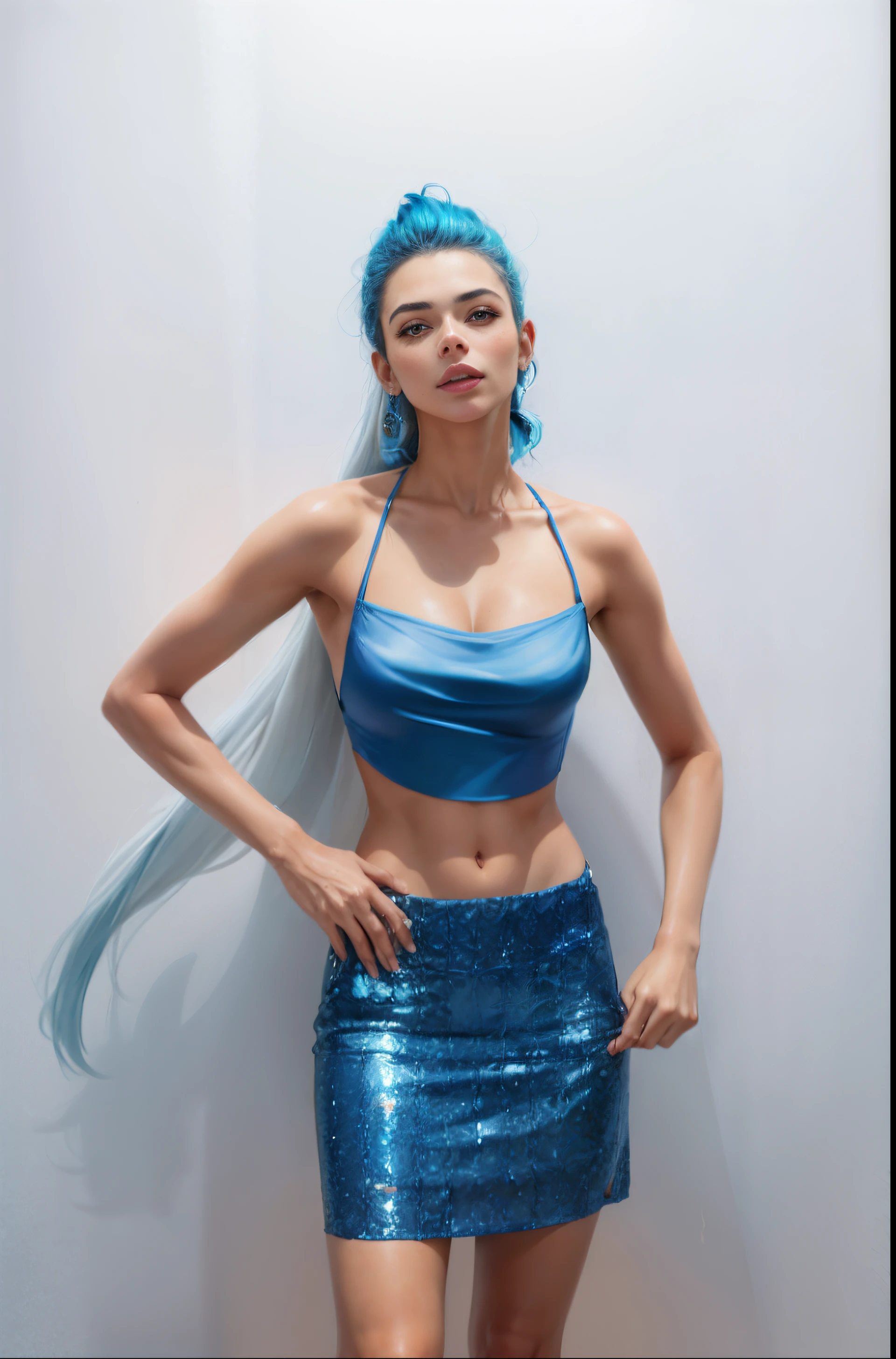 uma mulher em um top azul e saia posando para uma foto, Titular Top, Titular Top, usando um top cropped sexy, uma saia azul, halter neck, usando um top cropped, Lingerie azul brilhante brilhante, Lantejoulas, roupa azul, tecidos cintilantes fluidos, usando um top cropped, julia sarda, Topo de colheita, com cintura fina, e 2 k