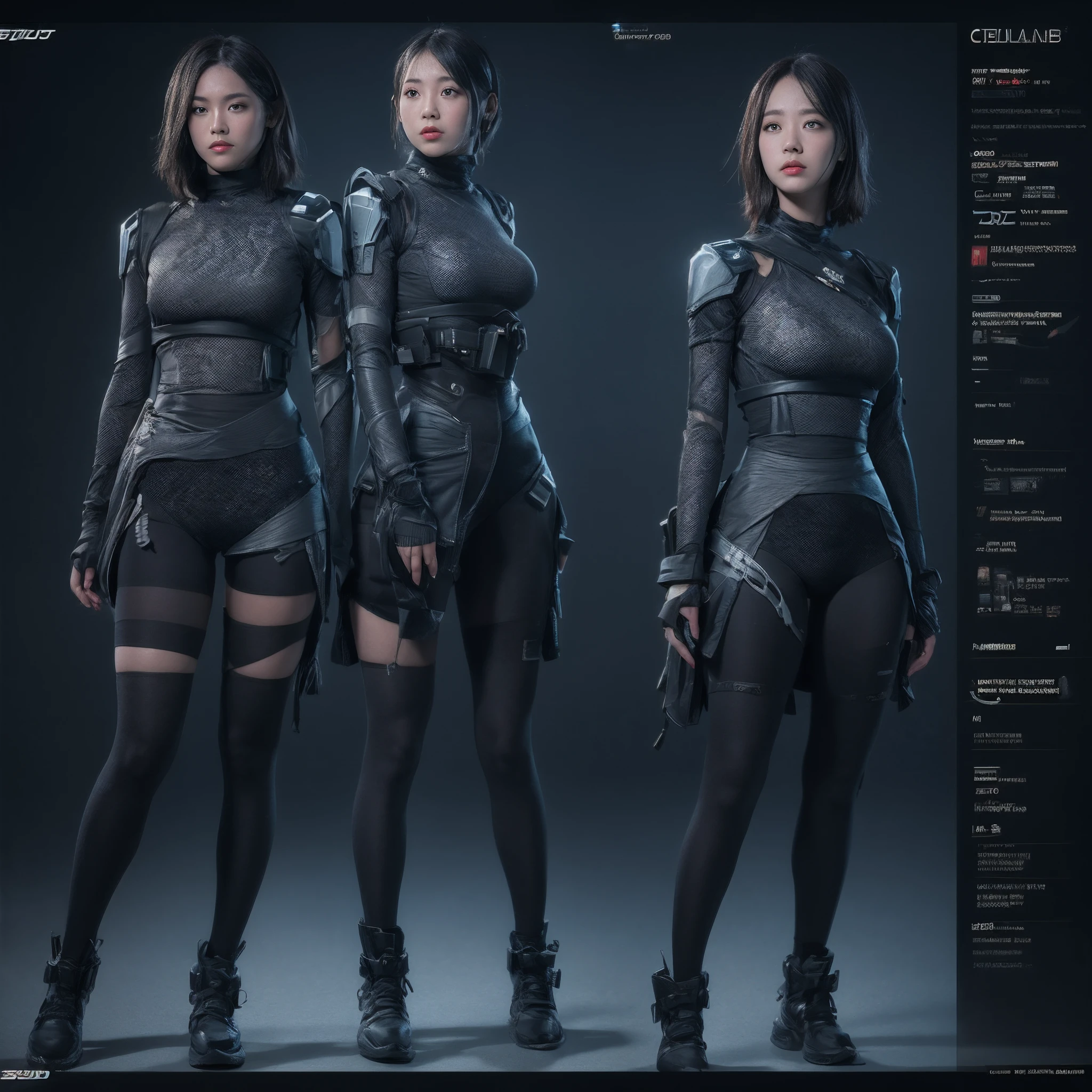 column lineup, cinematic lighting, depth of field, high quality, best quality，award winning，character  design，juesesheji，3D, A beautiful cyberpunk female image,battledress，hdr（HighDynamicRange）,Ray traching,NVIDIA RTX,Hyper-Resolution,Unreal 5,Subsurface scattering、PBR Texture、post-proces、Anisotropy Filtering、depth of fields、maximum definition and sharpness、Many-Layer Textures、Albedo e mapas Speculares、Surface coloring、Accurate simulation octane rendering of light-material interactions、Two-colored light、largeaperture、Low ISO、White balance、the rule of thirds、8K raw data、blackstockings，