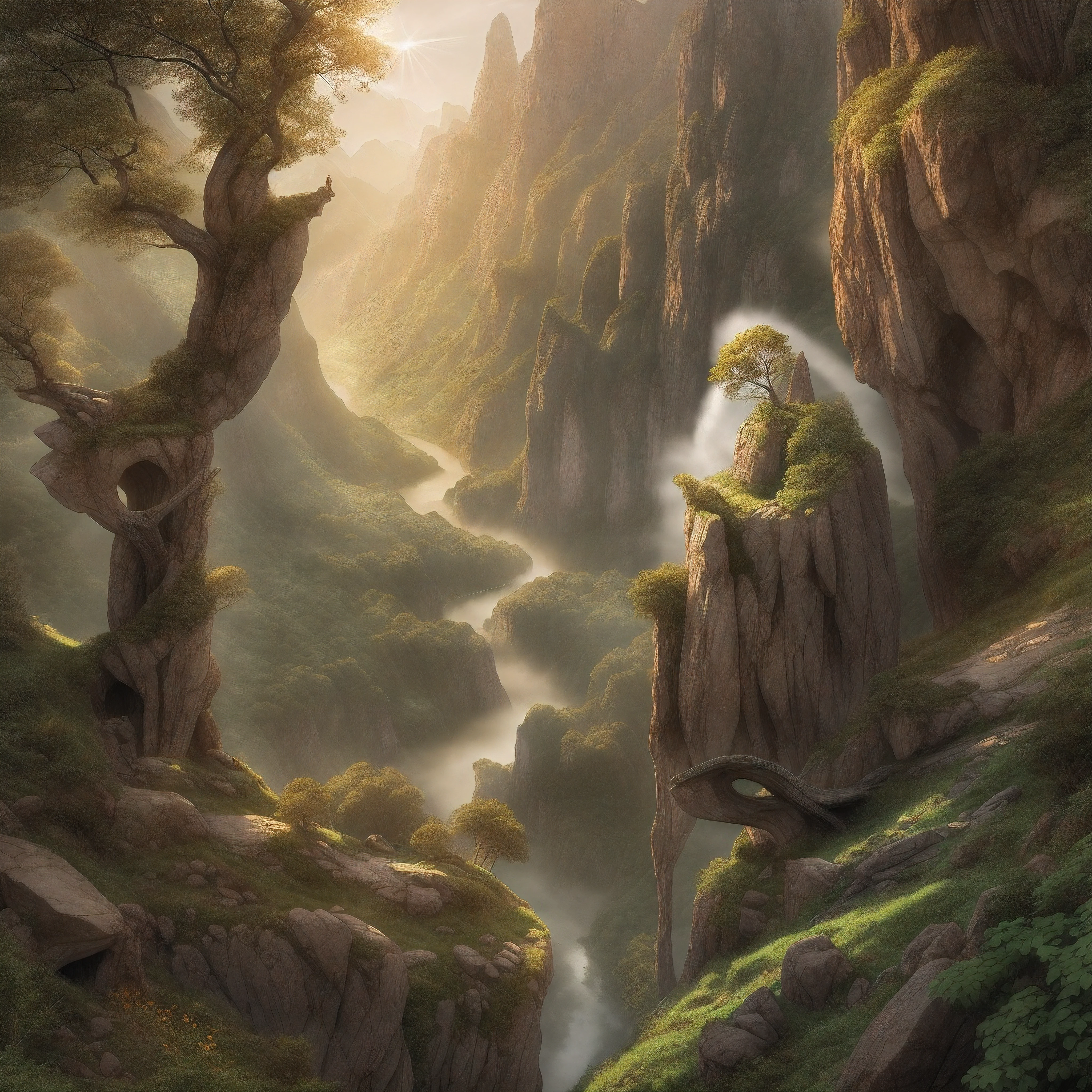 The sun rose over the Misty Mountains, bathing the valley of Rivendell in a warm golden light. Gandalf the Grey stood atop a rocky overlook, leaning on his gnarled staff as he gazed out across the breathtaking vista before him. Lush green hills rolled gently down to the banks of the Bruinen River, which sparkled as it wound its way between the timeworn mountains. Ancient trees dotted the landscape, their leaves rustling in the soft morning breeze.
As Gandalf surveyed the sun-drenched scene, suddenly the very land around him began to shift and change. The rocky outcropping beneath his feet rumbled, and Gandalf found himself rising up as the stone transformed into a weathered face and shoulders. Moss and ferns sprouted to become a long trailing beard. The hills stretched and molded themselves into powerful arms, the river shaping into a meandering belt across a robust torso.
Gandalf realized he was now perched atop the head of a gigantic earth elemental, an ancient embodiment of the land itself. Craggy cliffs became furrowed brows over deep-set eyes that shone with ancient wisdom. Gandalf grasped his staff, intrigued and unafraid.
All around him, the sweeping vistas of Rivendell continued to transform. Rolling meadows swelled upward into a heaving chest. Mighty mountain peaks arched into shoulders. Forested valleys became folds of a robe that draped over the landscape. Gandalf stood tall atop the elemental's head as the entire majestic scene molded itself into a colossal earth spirit.
Gandalf raised his staff high. "Arise, old friend," he intoned, his voice echoing across the valley. The great earthen Gandalf rumbled to life, trees rustling in a booming exhalation. With lumbering steps it rose, the fabric of Middle-earth shaping itself to form this legendary guardian. Gandalf grinned beneath his hat; where this walking mountain trod, the realm was safe.