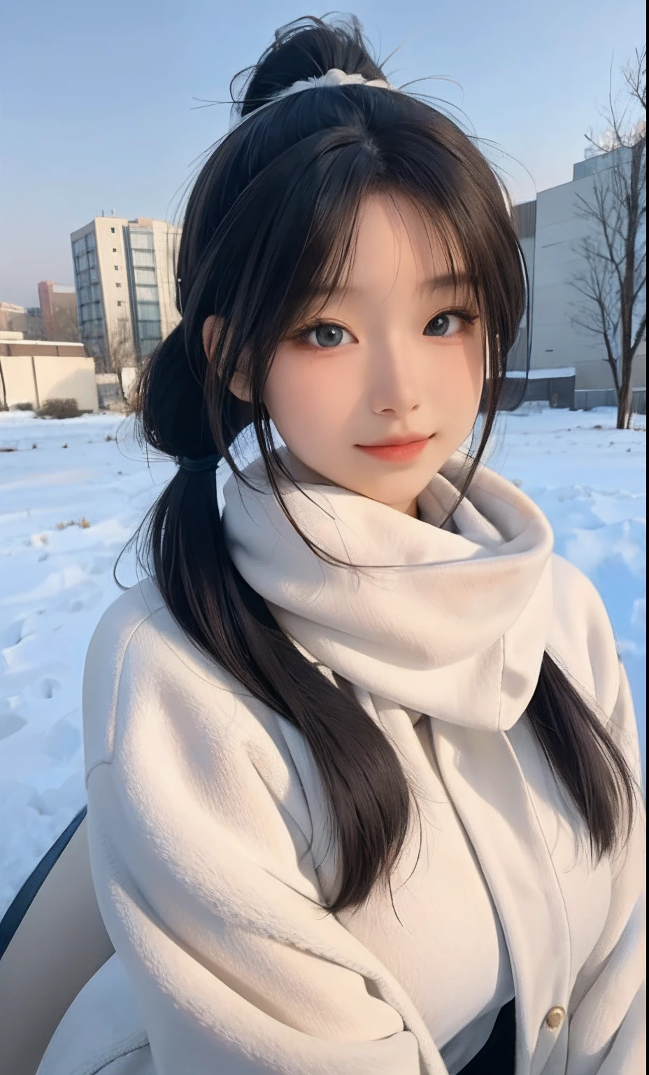 (Did We Really Love), (masterpiece, best quality), (photo realistic), (photograpy), (intricate detail, Detailed Face), high-resolution, HDR, 1girl, solo focus, 20 years old sexy korean girl,
front view, looking at viewer,
Light smile,
White ponytail hair,
variety of hairstyles,
High teen style,
Winter, White winter coat,
snowy outdoors Background,
gigantic breasts:0.1,
wide hip:0.4,