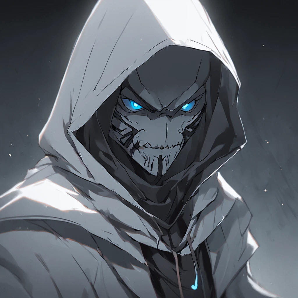 Concept art of a computer game character, blackandwhite, in two projections, An assassin man in a white hooded suit, evil look, gray background, Simple black lines, simplified