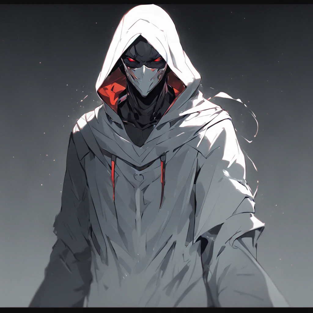 Concept art of a computer game character, blackandwhite, in two projections, An assassin man in a white hooded suit, gray background, Simple black lines, simplified