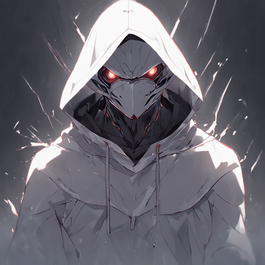 Concept art of a computer game character, blackandwhite, in two projections, An assassin man in a white hooded suit, evil look, gray background, Simple black lines, simplified