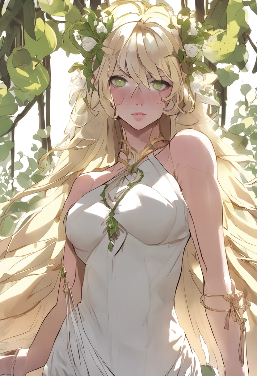 1girl, bare shoulders, blonde hair, blush, breasts, circlet, cleavage, closed mouth, dress, elf, green eyes, head wreath, huge breasts, laurel crown, long hair, looking at viewer, o-ring, o-ring top, pointy ears, simple background, solo, upper body, white background, white dress,celestine lucullus,realisic,(shiny skin),(masterpiece:1.4),(best quality:1.4)