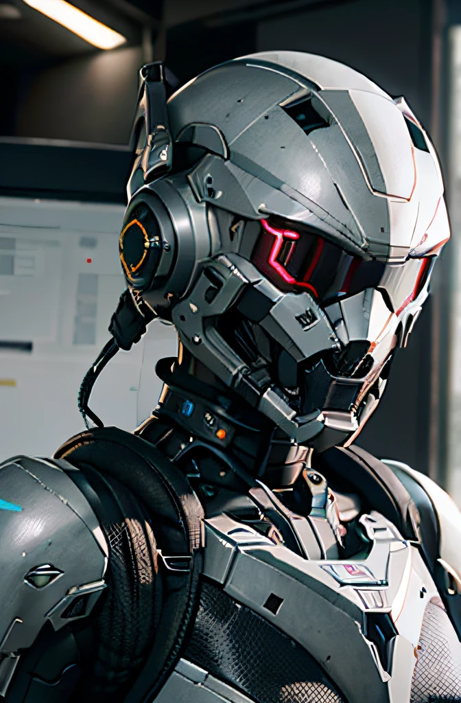 official art, unity 8k wallpaper, ultra detailed, aesthetic, masterpiece, best quality, hyperrealistic and intricate detail, portrait of a military nousr robot, warframe, full robot helmet, character design, detailed helmet, in the style of dieter rams and boston dynamics, robot, highly detailed, intricate details, symmetrical, digital 3d, hard surface, real-time, vfx, volumetric lighting, ambient light, ultra hd, hdr, depth of field, macro shot