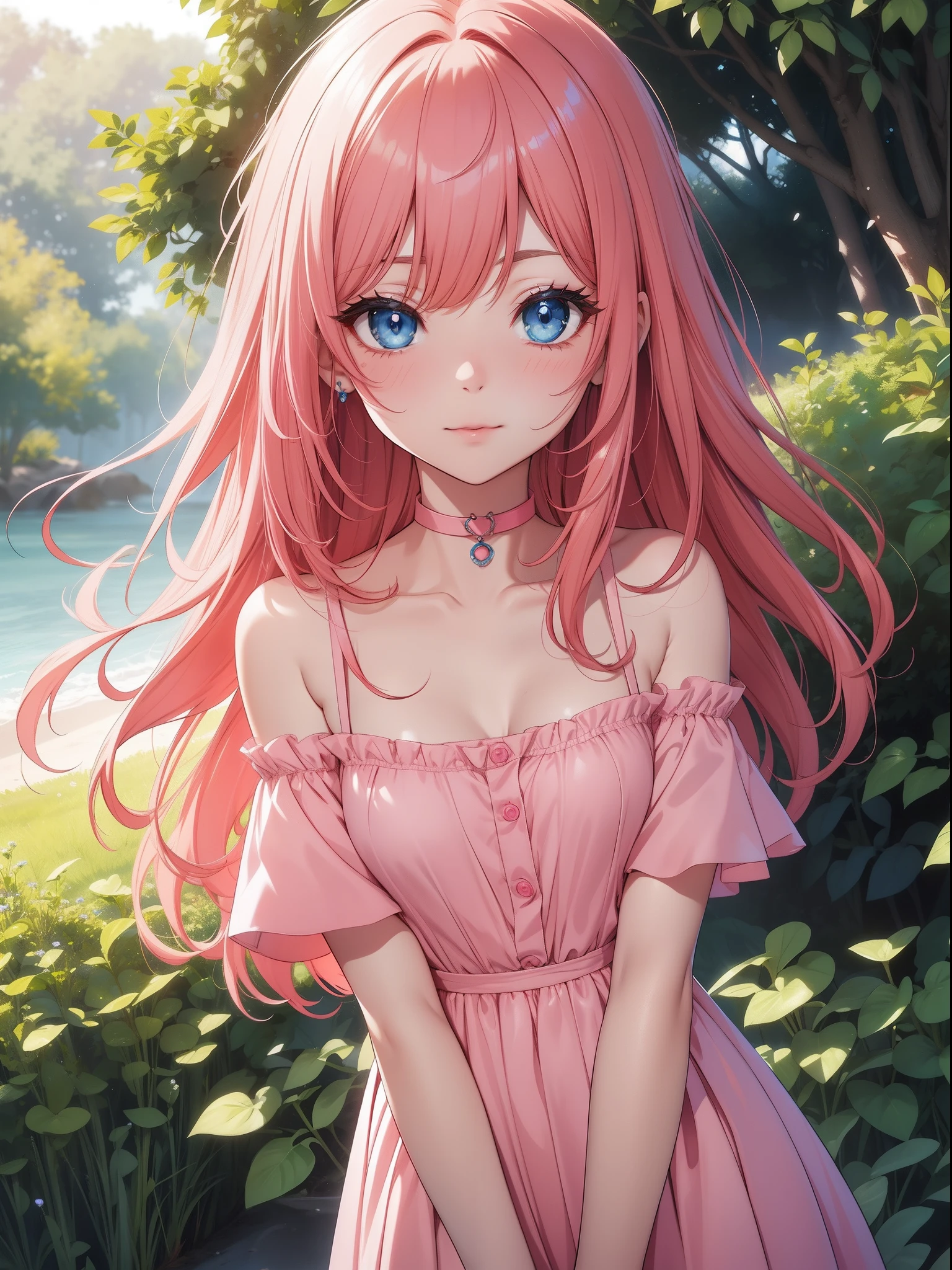 Official art、Top quality ultra-detailed CG art、a beauty girl：１.２）、Red-haired、Glossy hair、smooth hair、large blue eyes,Mid summer、kawaii、The sky is beautiful、Cute、bob cuts、Pink choker、Pink dress、Smooth clothes、ssmile、It features a simple、Naked、