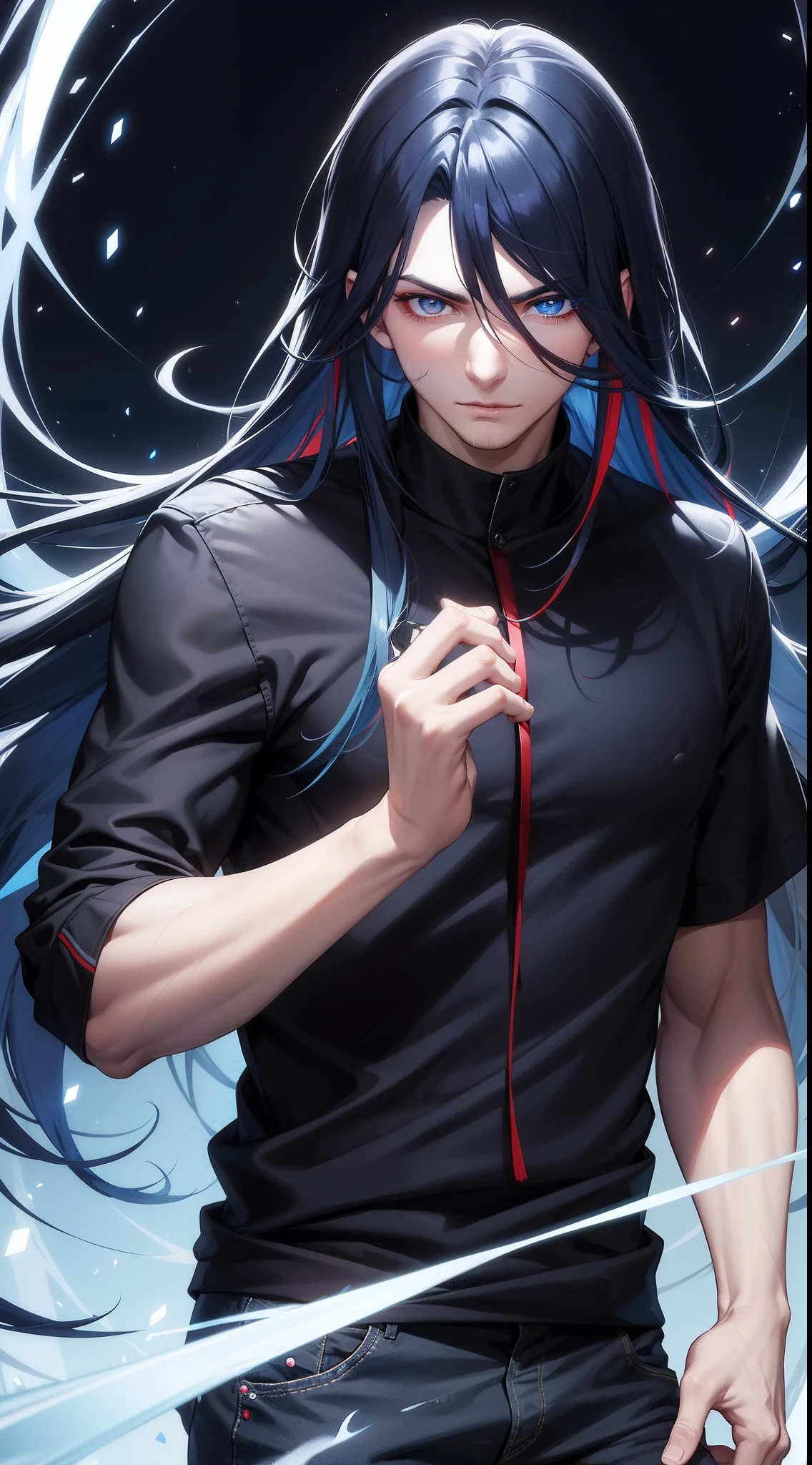 Young adult Male with dark blue with red accents long hair, magical eyes, glowing eyes, handsome, wild hair,ombre, wearing casual clothes, handsome, sharp eyes, heterochromia, one blue eye, serious fsce