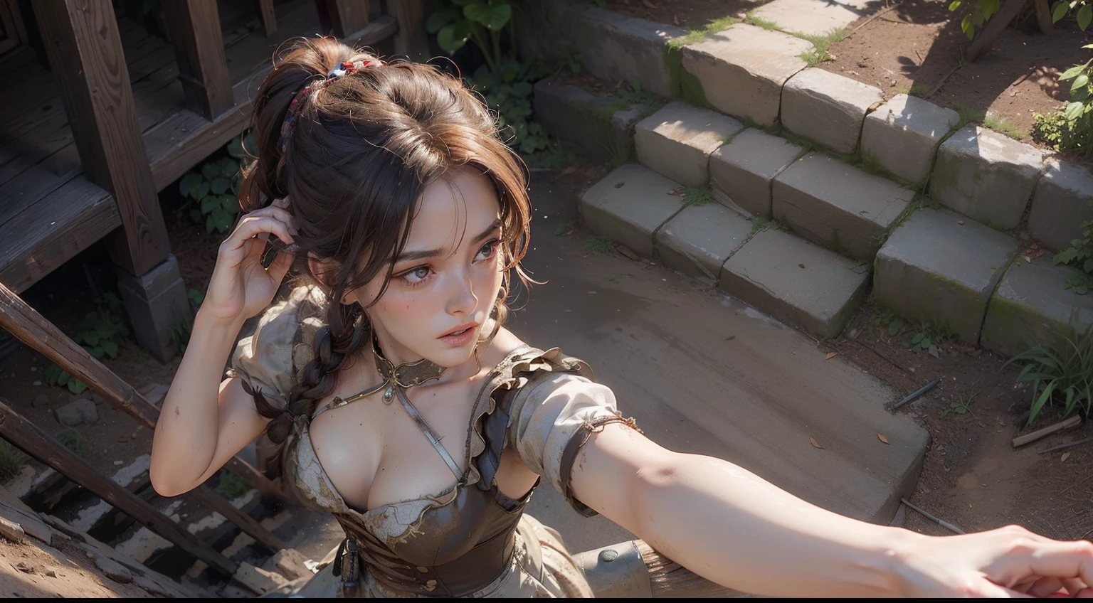 (realisitic,Photorealsitic:1.4),(1 beauty:1.3),(beautiful countenance:1.5),Detailed shiny skin,A detailed eye,Precise hands and fingers,8K HDR, , ​masterpiece, (Dynamic Angle Video),电影灯光, Finely drawn backgrounds,(steampunc,Decadent,scientific fiction,mud, Dust and dirt,Traces of war:1.2)Beautiful African,Fighting,chestnut bristles,Braided hair,Old town,Rampart,stairway,fights,Ecstatic,Composition looking down from above