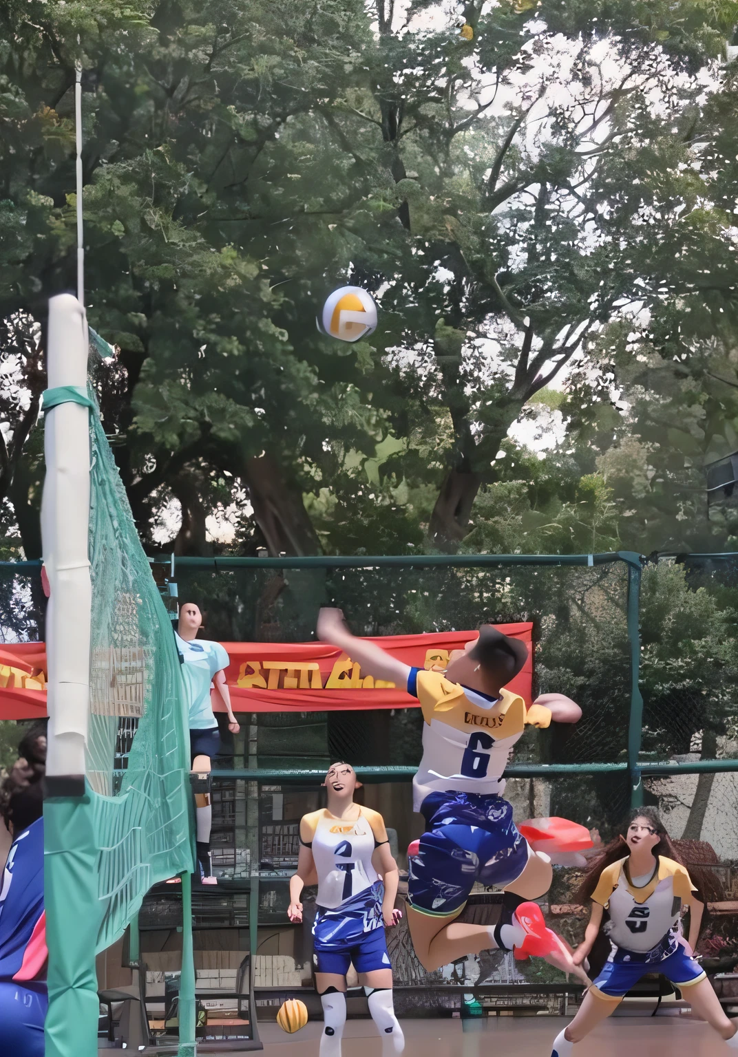 Several people played volleyball with nets on the court, Volleyball, flying shot, Volleyball net, opening shot, wearing a volleyball jersey, mid air shot, cover shot, jinyiwei, award - winning shot, award-winning shot, air shot, Dunking, amazing shot, scence of slam dunk, action shot, ultra - high jump