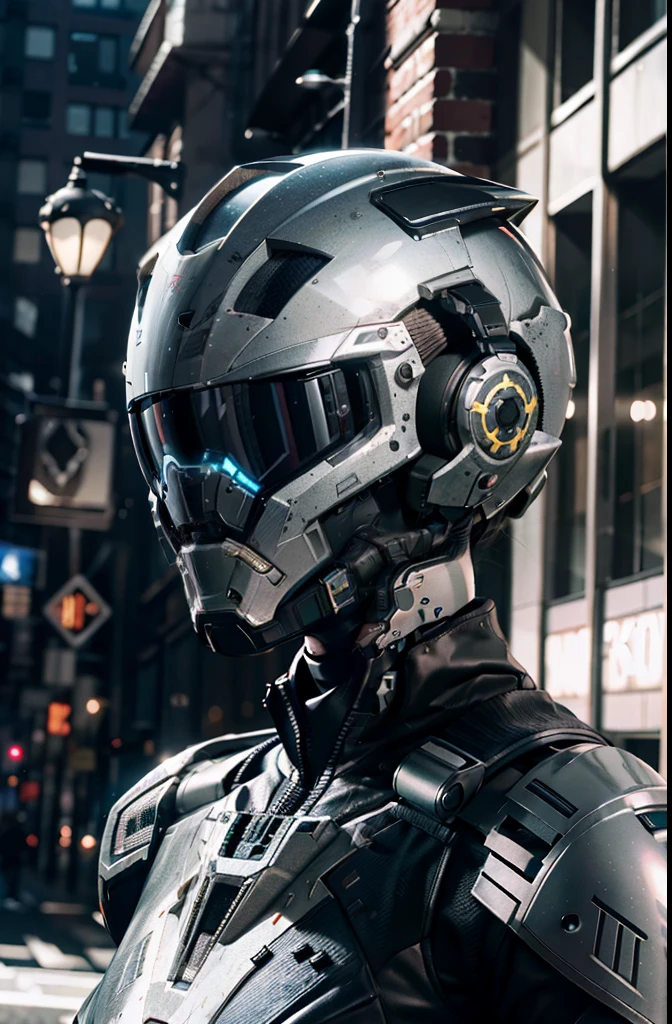 official art, unity 8k wallpaper, ultra detailed, aesthetic, masterpiece, best quality, hyperrealistic and intricate detail, portrait of a military nousr robot, warframe, full robot helmet, character design, detailed helmet, in the style of dieter rams and boston dynamics, robot, highly detailed, intricate details, symmetrical, digital 3d, hard surface, real-time, vfx, volumetric lighting, ambient light, ultra hd, hdr, depth of field, macro shot