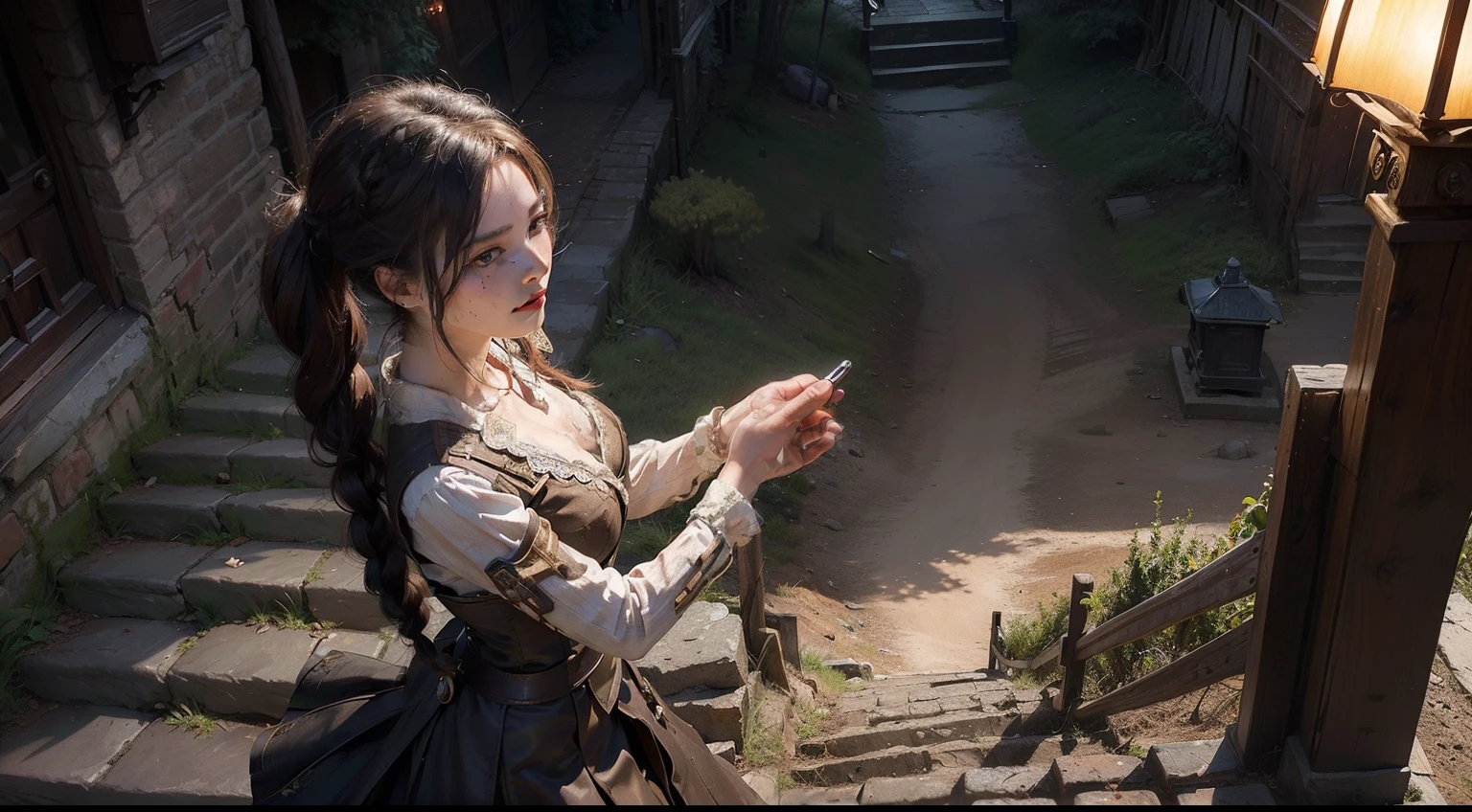 (realisitic,Photorealsitic:1.4),(1 beauty:1.3),(beautiful countenance:1.5),Detailed shiny skin,A detailed eye,Precise hands and fingers,8K HDR, , ​masterpiece, (Dynamic Angle Video),电影灯光, Finely drawn backgrounds,(steampunc,Decadent,scientific fiction,mud, Dust and dirt,Traces of war:1.2)Beautiful African,Fighting,chestnut bristles,Braided hair,Old town,Rampart,stairway,fights,Ecstatic,Composition looking down from above