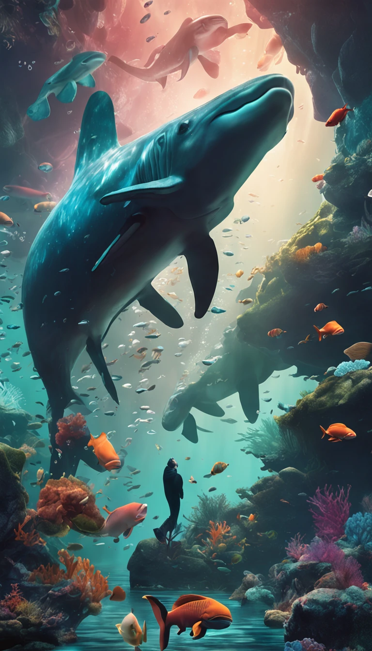 abyssal,mistic,A high resolution,Is,dream magical,Small schools of fish,killer whale