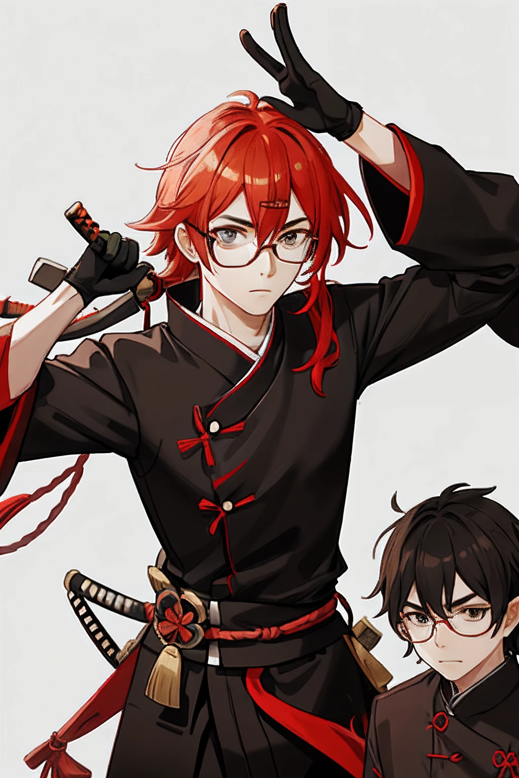 ember,wears glasses,Samurai head,The shirt,Adult male