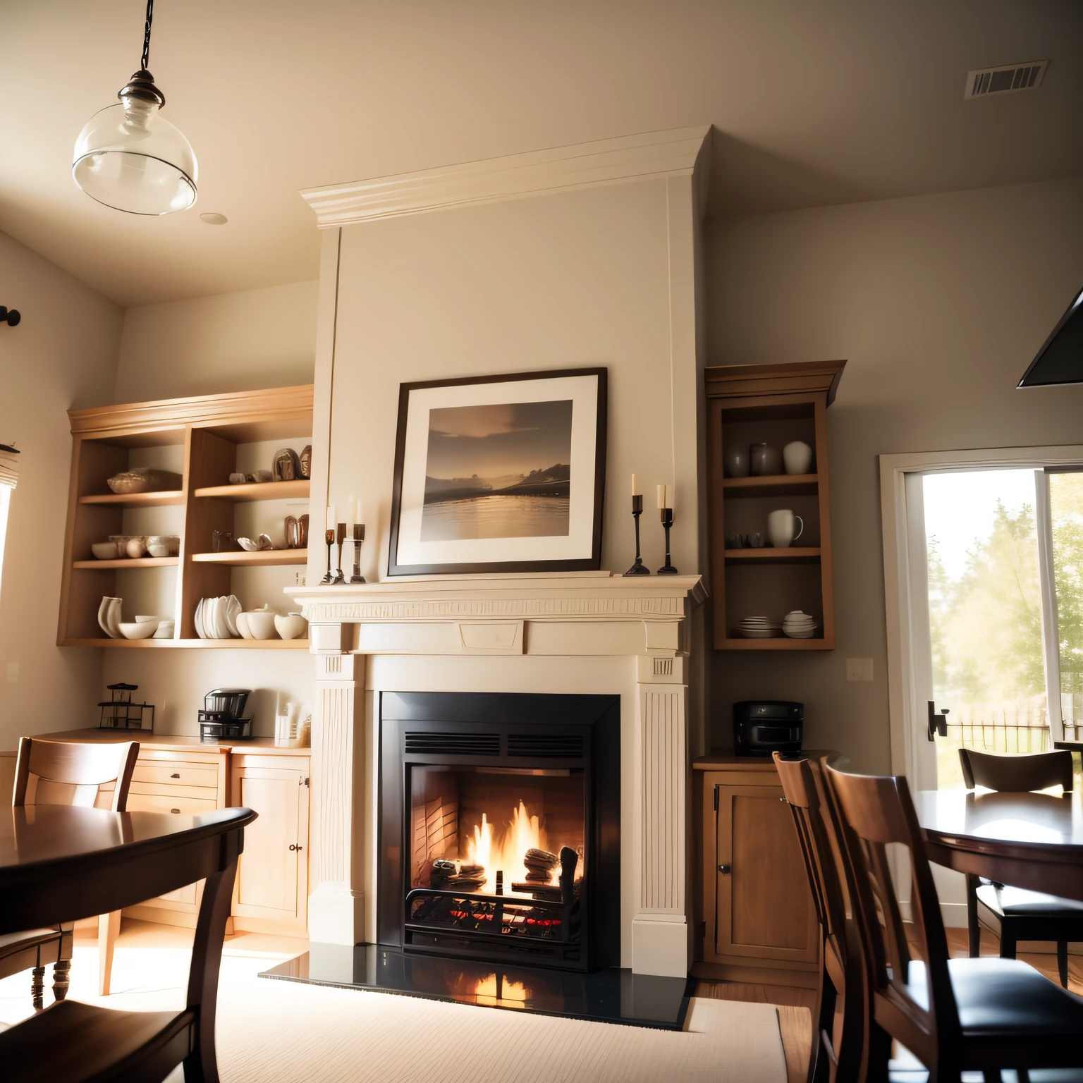 dining room with fireplace with Fireplace Surround and Built-in Shelves