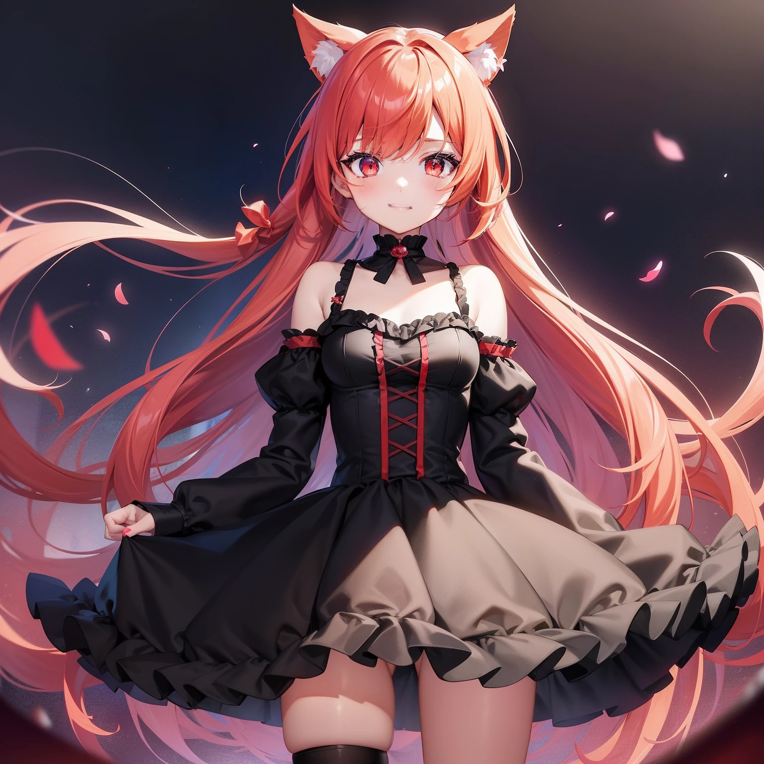 Anime filling,Two-dimensional illustration,Red hair,Half Twin Tail,shorth hair,Big eyes,A smile,a beauty girl,cute little,Super Cute,Black cat ears,Red Eyes,Ruffled Clothes,Black lace clothes,Inner colorGreen,One girl,Full body painting,A masterpiece of 2D art,(​masterpiece,Top image quality:1.3),(detaile:1.2),(女の子1人),Standing picture