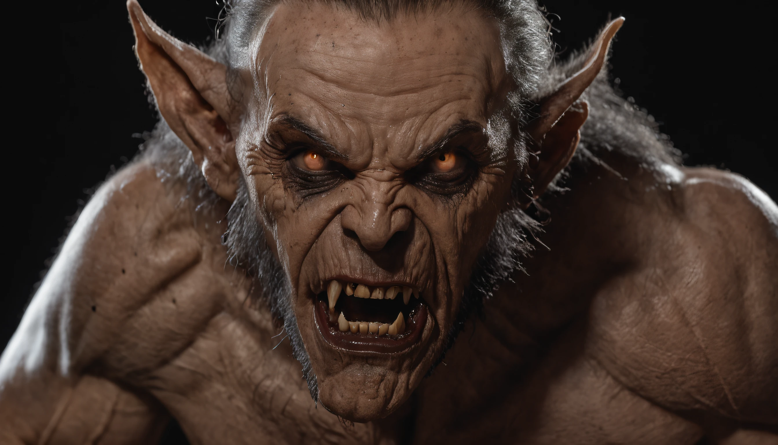 Absurd, very high resolution, super detailed, representing a view from the front (((a close-up of a face half man and half werewolf))), ears and teeth and fur, (((show suffering from the transformation))), showing the effects of change in soft lighting, intimate moments, and feelings of sadness and misery, Create stunning images of a transformation with long exposures that capture the beauty and movement of celestial bodies, forest environment, characterized by a transformation, a night with many stars , and a non-vibrant atmosphere. capturing the original appeal of primitive art, bold, simplified forms, intense colors, emphasizing raw emotions and instincts, biblical stories, bible, nebuchadnezzar,