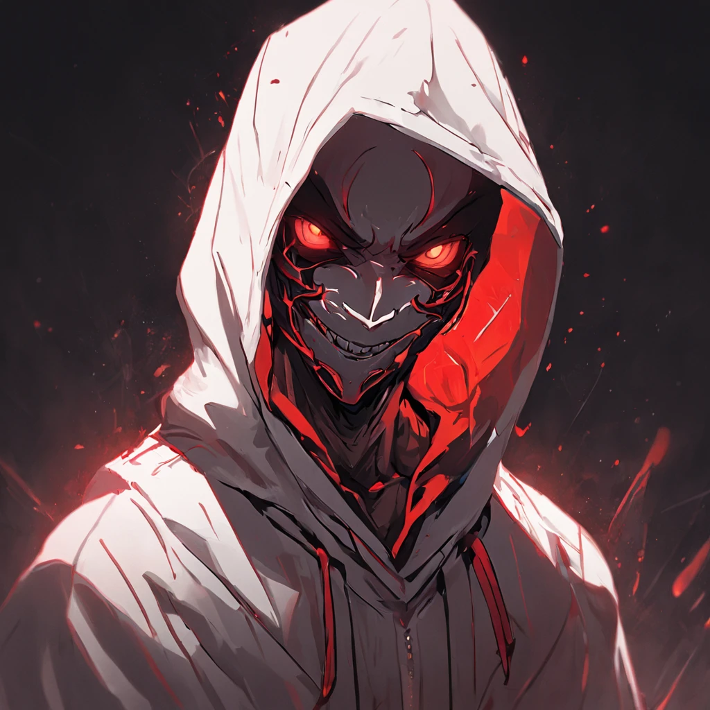 Concept art of a computer game character, blackandwhite, in two projections, An assassin man in a white hooded suit, evil look, evil smile, glowing red background, Simple black lines, simplified