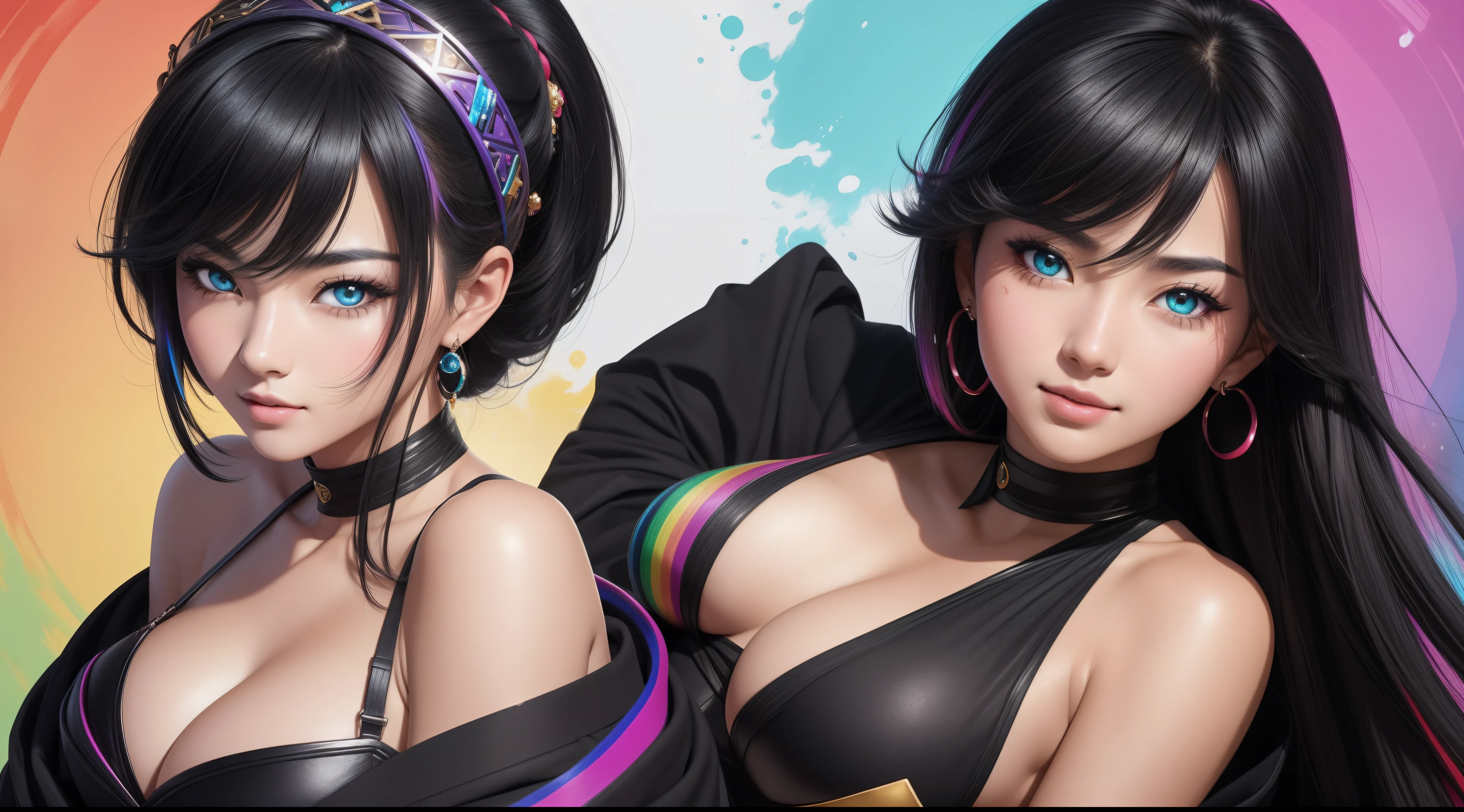 "20 years old cheerful Fubuki is a real masterpiece with feminine beauty, perfect anatomy. Olpntng style, colorful rainbow, black samurai outfit, clean design, epic Instagram, artstation, full full of color paint streaks, circles, contours When you look at her Beautiful eyes you will clearly see every little detail and perfect lines, every detail on the skin is beautiful in 8K quality. Mesmerized by the confidence that radiates from every glance. His head has black hair and his face has been meticulously painted in every detail with 8K image quality."