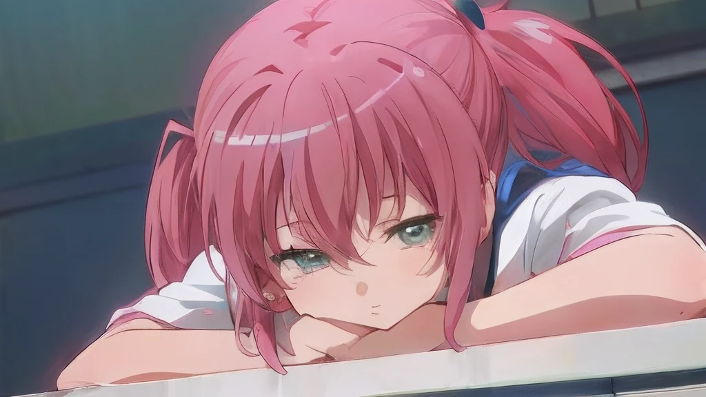 Anime girl with pink hair and ponytail, lying on a ledge, is looking at the camera, close up iwakura lain, close up of iwakura lain, anime visual of a cute girl, seductive anime girl, Kyoto animation is still, anime girl named lucy, today's featured anime still, still from tv anime, pink twintail hair and cyan eyes