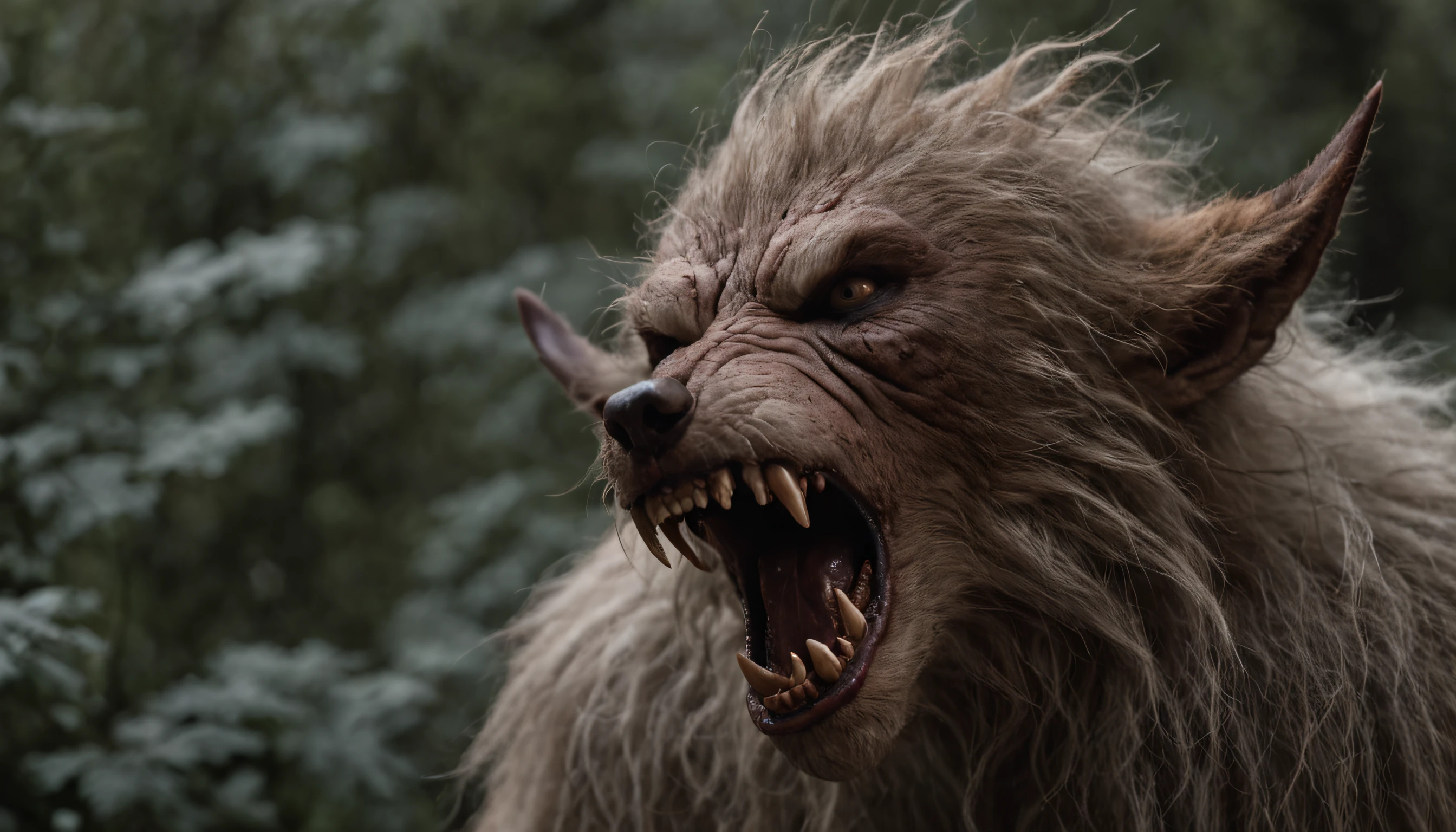 Absurd, very high resolution, super detailed, depicting a view from afar of (((a man turning into a werewolf))), ears and teeth and fur, (((show suffering from the transformation))), showing the effects of changing lighting soft, intimate moments, and feelings of sadness and misery, Create stunning images of a transformation with long exposures that capture the beauty and movement of celestial bodies, forest environment, characterized by a transformation, a night with many stars, and an atmosphere not vibrant. capturing the original appeal of primitive art, bold, simplified forms, intense colors, emphasizing raw emotions and instincts, biblical stories, bible, nebuchadnezzar,
