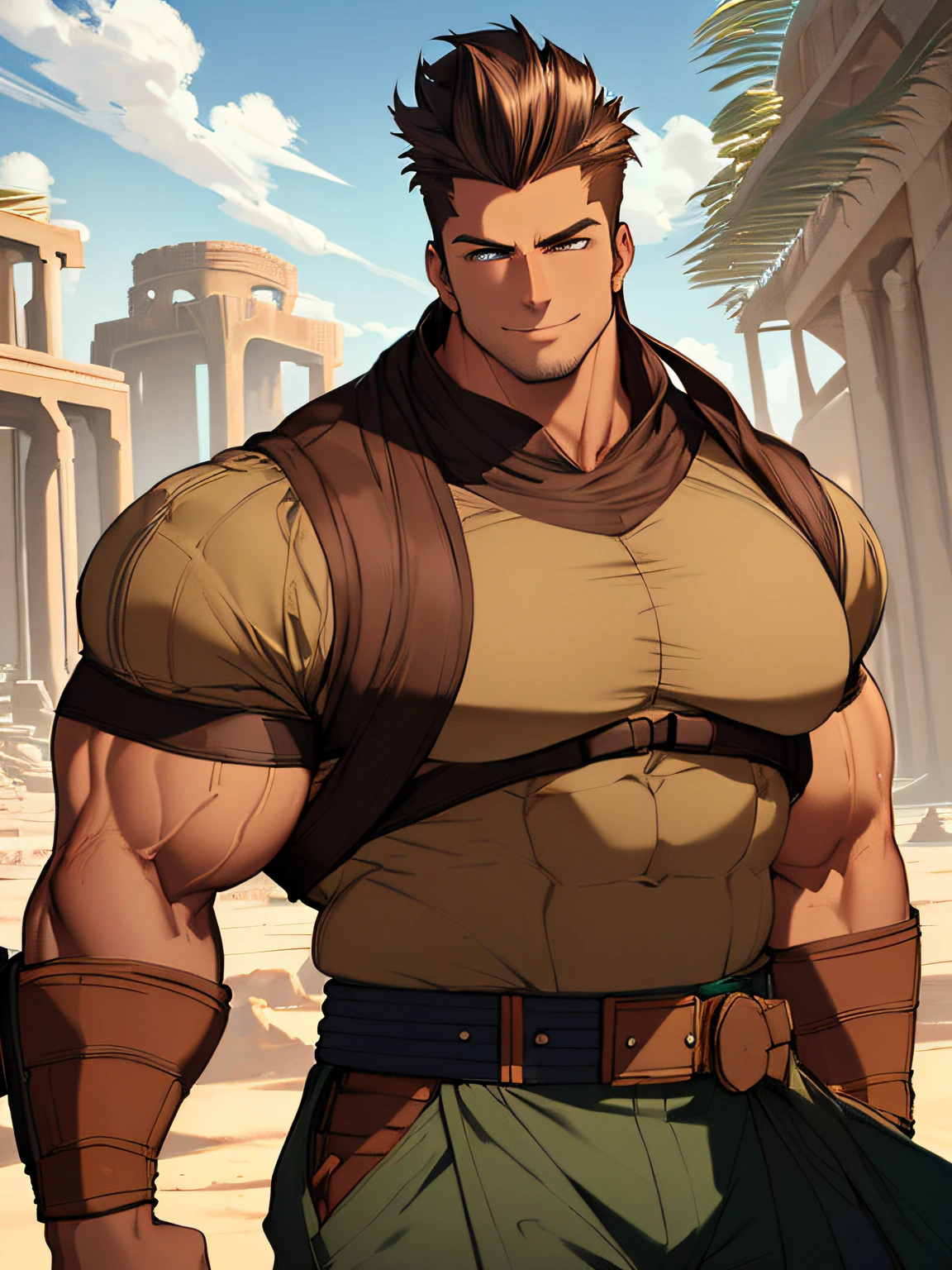 (1man, ripped muscles, massive)), dark brown hair, hair moved by the wind, short hair with bangs that fall over the forehead and on both sides of the face, masculine, human, attractive, handsome (detailed face, perfect face) ((extremely realistic shadows, masterpiece, extremely detailed, photorealistic), ((22 year old young man)), broad shoulders, huge, muscular pecs, strong man, bodybuilder, 120 kg, carefree expression, smile, mischievous smile, huge, muscular body and Massive, bulging pecs, muscular abs, narrow waist, short hair, blue eyes, delicate big eyes, open your eyes ((detailed eyes)) Ruins of a Jedi temple with a rocky desert, loose-fitting, partially open V-neck shirt, fitted tank top, Jedi style baggy brown pants and light brown cloth belt.