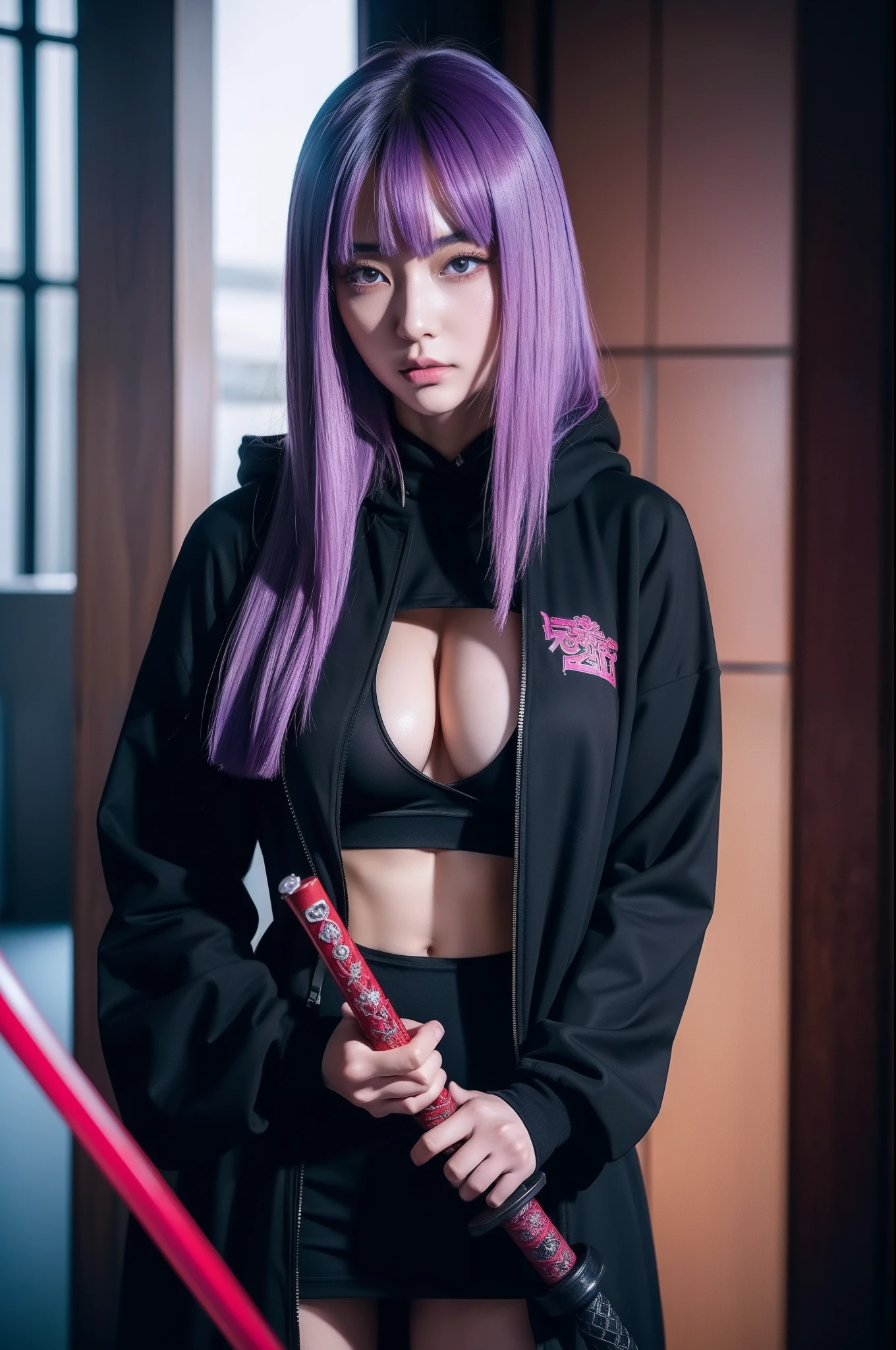 anime girl in a black outfit with a sword in her hand, very beautiful cyberpunk samurai, digital cyberpunk anime art, anime cyberpunk art, cyberpunk anime girl mech, cyberpunk anime girl, cyberpunk anime art, female cyberpunk anime girl, cyberpunk geisha, digital cyberpunk - anime art, cyberpunk samurai, anime style 4 k, badass anime 8 k, cyberpunk anime girl in hoodie, beautiful south korean woman, korean girl, beautiful young korean woman, korean woman, heonhwa choe, korean women's fashion model, sexy look, big breast, sexy pose, show breast, light purple hair