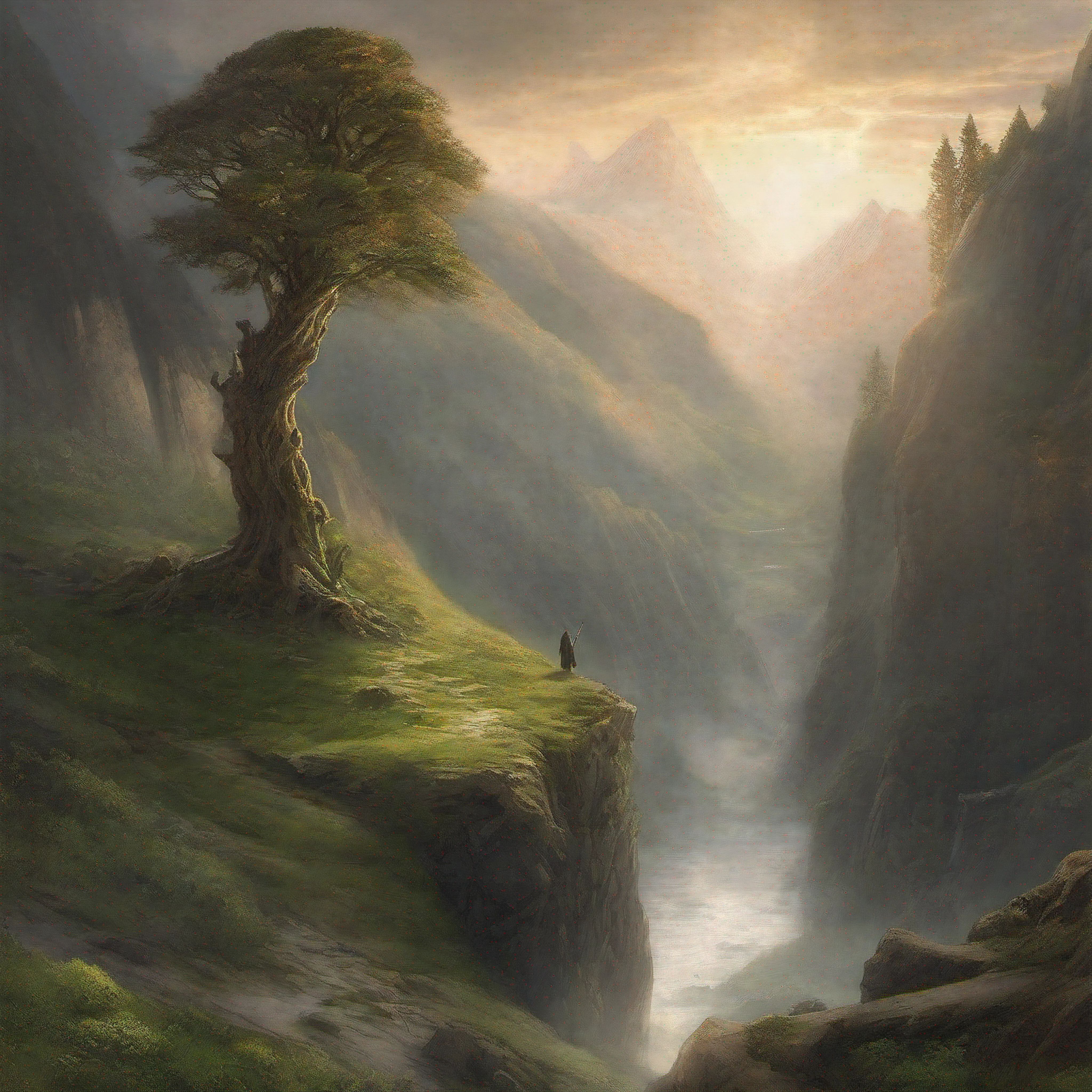 The sun rose over the Misty Mountains, bathing the valley of Rivendell in a warm golden light. Gandalf the Grey stood atop a rocky overlook, leaning on his gnarled staff as he gazed out across the breathtaking vista before him. Lush green hills rolled gently down to the banks of the Bruinen River, which sparkled as it wound its way between the timeworn mountains. Ancient trees dotted the landscape, their leaves rustling in the soft morning breeze.
As Gandalf surveyed the sun-drenched scene, suddenly the very land around him began to shift and change. The rocky outcropping beneath his feet rumbled, and Gandalf found himself rising up as the stone transformed into a weathered face and shoulders. Moss and ferns sprouted to become a long trailing beard. The hills stretched and molded themselves into powerful arms, the river shaping into a meandering belt across a robust torso.
Gandalf realized he was now perched atop the head of a gigantic earth elemental, an ancient embodiment of the land itself. Craggy cliffs became furrowed brows over deep-set eyes that shone with ancient wisdom. Gandalf grasped his staff, intrigued and unafraid.
All around him, the sweeping vistas of Rivendell continued to transform. Rolling meadows swelled upward into a heaving chest. Mighty mountain peaks arched into shoulders. Forested valleys became folds of a robe that draped over the landscape. Gandalf stood tall atop the elemental's head as the entire majestic scene molded itself into a colossal earth spirit.
Gandalf raised his staff high. "Arise, old friend," he intoned, his voice echoing across the valley. The great earthen Gandalf rumbled to life, trees rustling in a booming exhalation. With lumbering steps it rose, the fabric of Middle-earth shaping itself to form this legendary guardian. Gandalf grinned beneath his hat; where this walking mountain trod, the realm was safe.