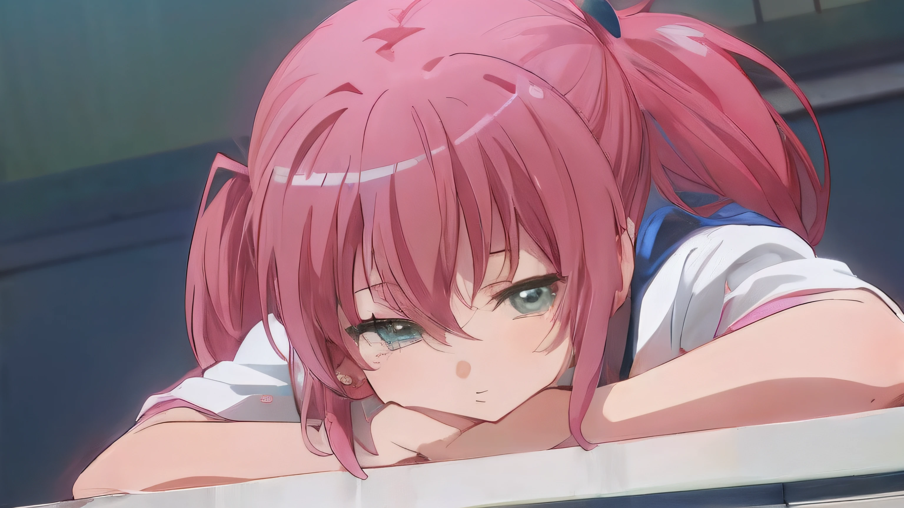Anime girl with pink hair and ponytail, lying on a ledge, is looking at the camera, close up iwakura lain, close up of iwakura lain, anime visual of a cute girl, seductive anime girl, Kyoto animation is still, anime girl named lucy, today's featured anime still, still from tv anime, pink twintail hair and cyan eyes